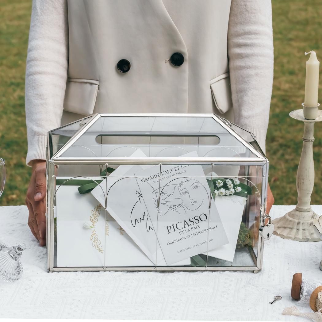 Vintage Silver Large Geometric Glass Card Box Terrarium with Slot, Heart Lock, Foot, Handmade Brass for Wedding Reception Wishwell Keepsake - NCYPgarden