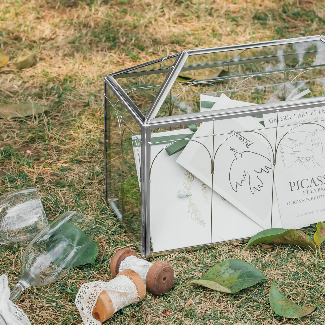 Vintage Silver Large Geometric Glass Card Box Terrarium with Slot, Heart Lock, Foot, Handmade Brass for Wedding Reception Wishwell Keepsake - NCYPgarden