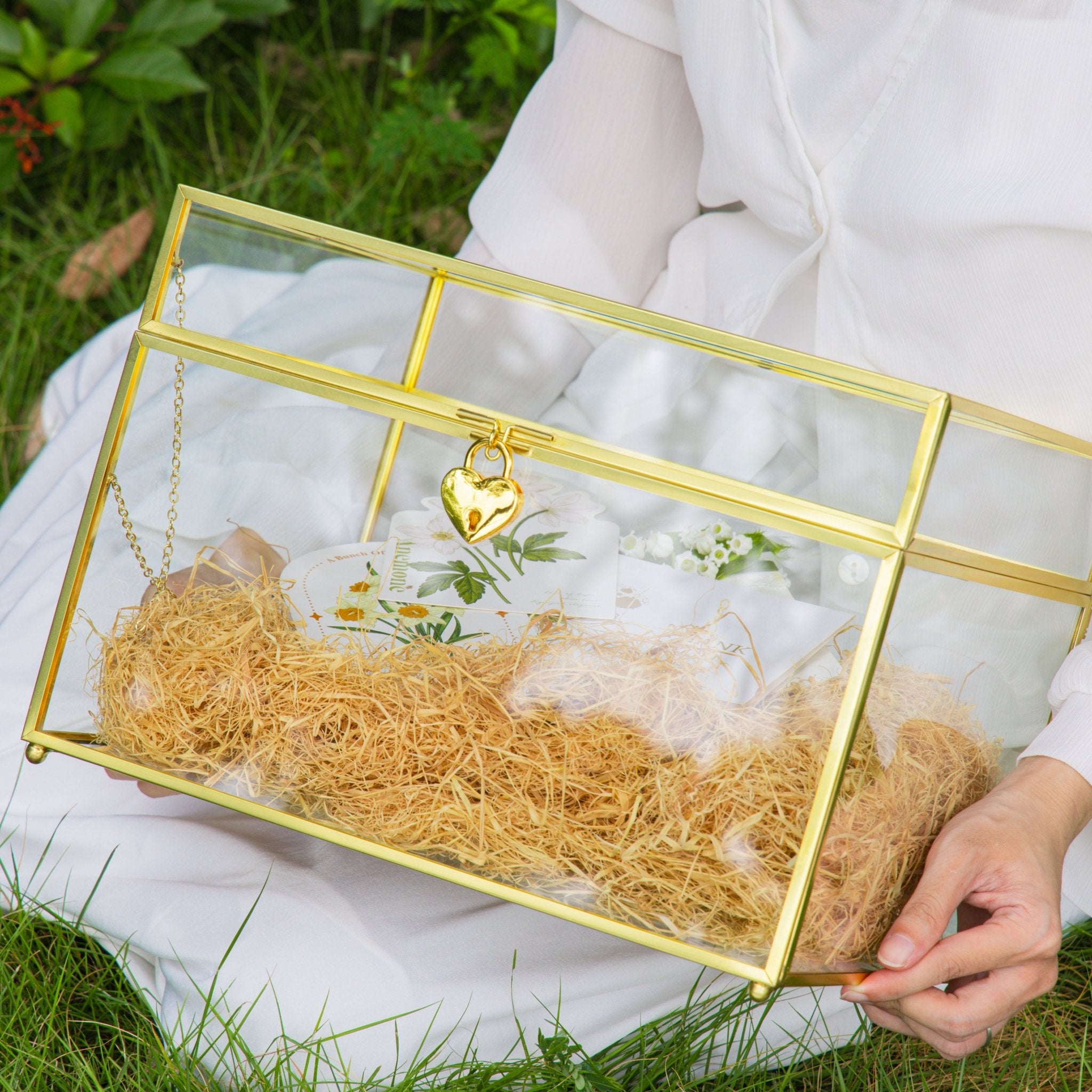 Handmade 12" Large Gold Rectangle Geometric Glass Card Box with Slot L NCYPgarden Handmade 12" Large Gold Rectangle Geometric Glass Card Box with Slot L NCYPgarden