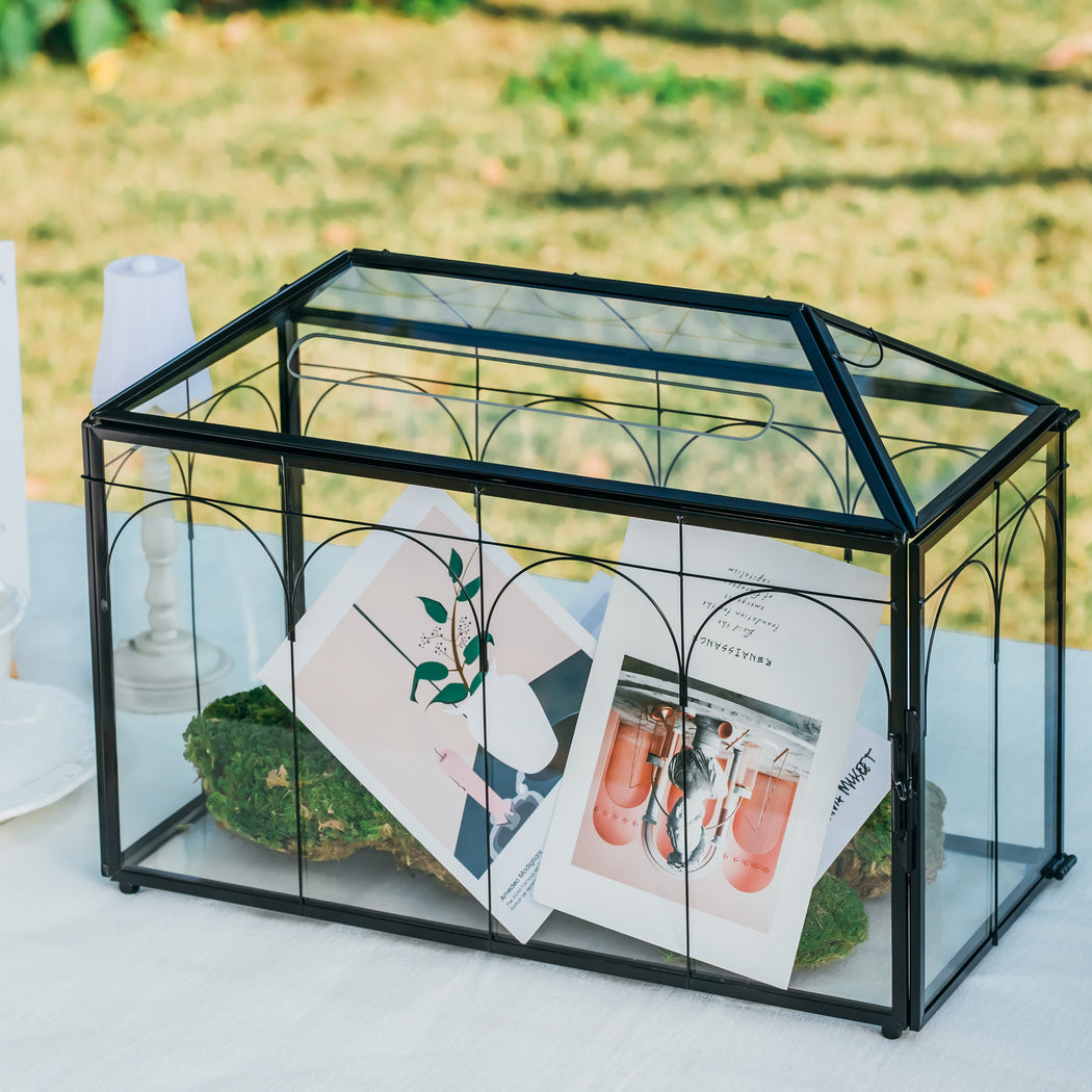 Vintage Black Large Geometric Glass Card Box Terrarium with Slot, Heart Lock, Foot, Handmade Brass for Wedding Reception Wishwell Keepsake - NCYPgarden