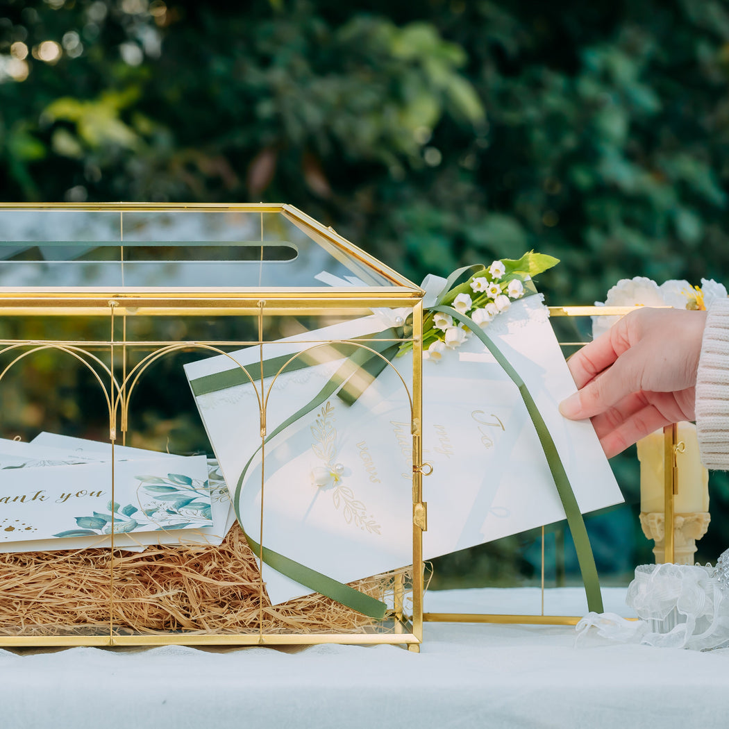 Vintage Gold Large Geometric Glass Card Box Terrarium with Slot, Heart Lock, Foot, Handmade Brass for Wedding Reception Wishwell Keepsake - NCYPgarden