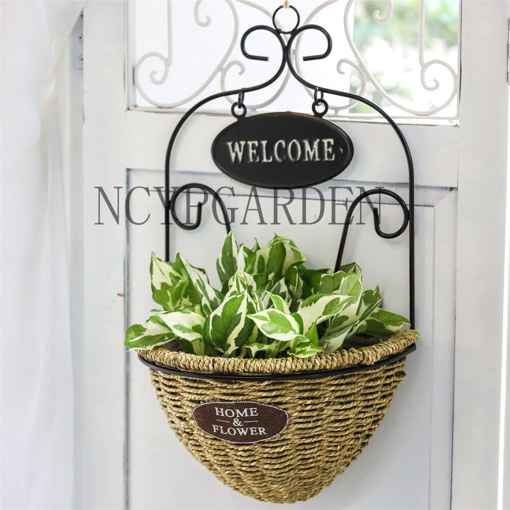 wall hanging baskets plants Pastoral Style Handmade Metalwork Wickerwork Basket Wall Hanging Plant