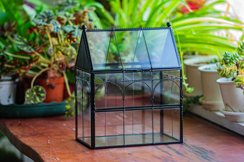 Handmade Twisted Wire House Shape Glass Geometric Terrarium with LED Light Set, Snail Jumping Spider Enclosure, Insect Container Set - NCYPgarden