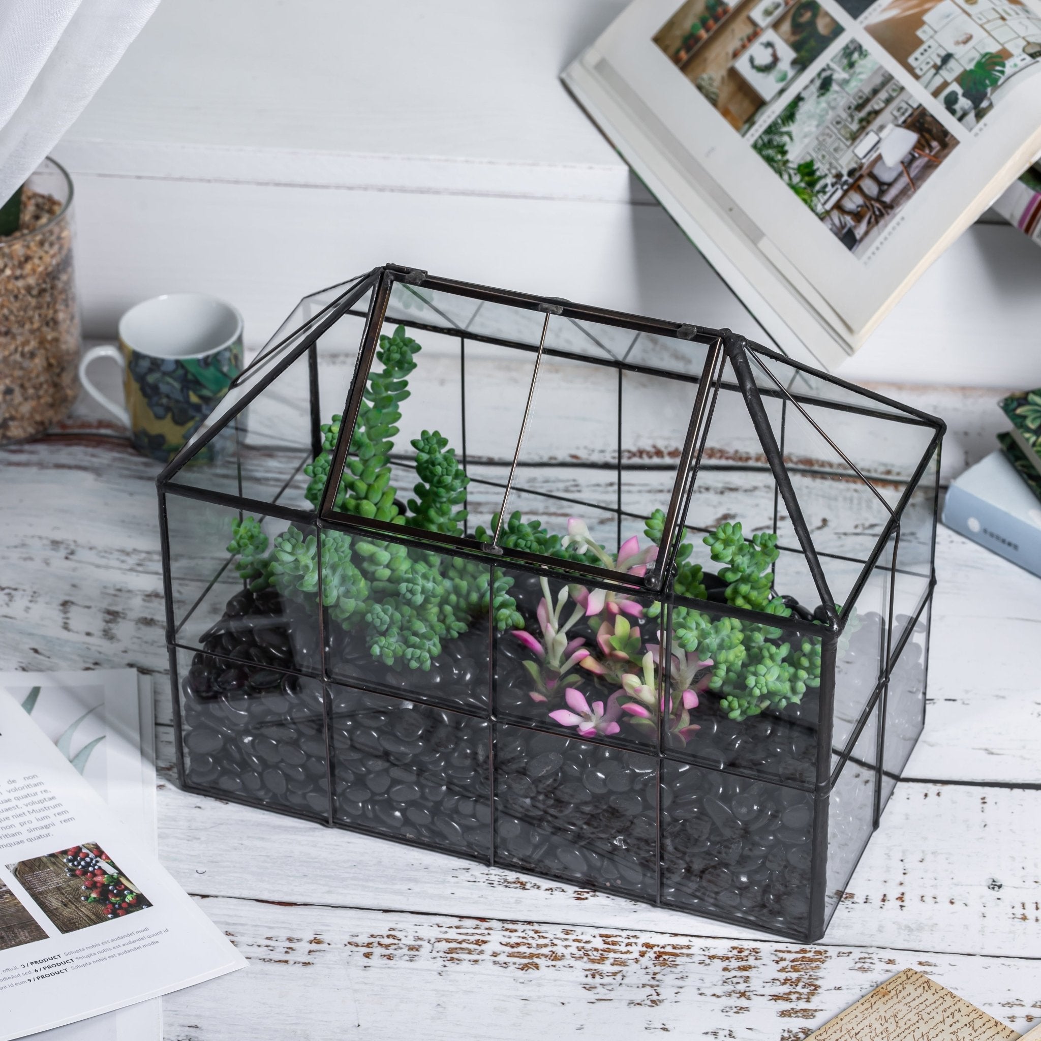 NCYP Glass Geometric Terrarium Tin - Sealed Brass Black House Shape Container with Grid and Swing Lid PH02F2 - NCYPgarden