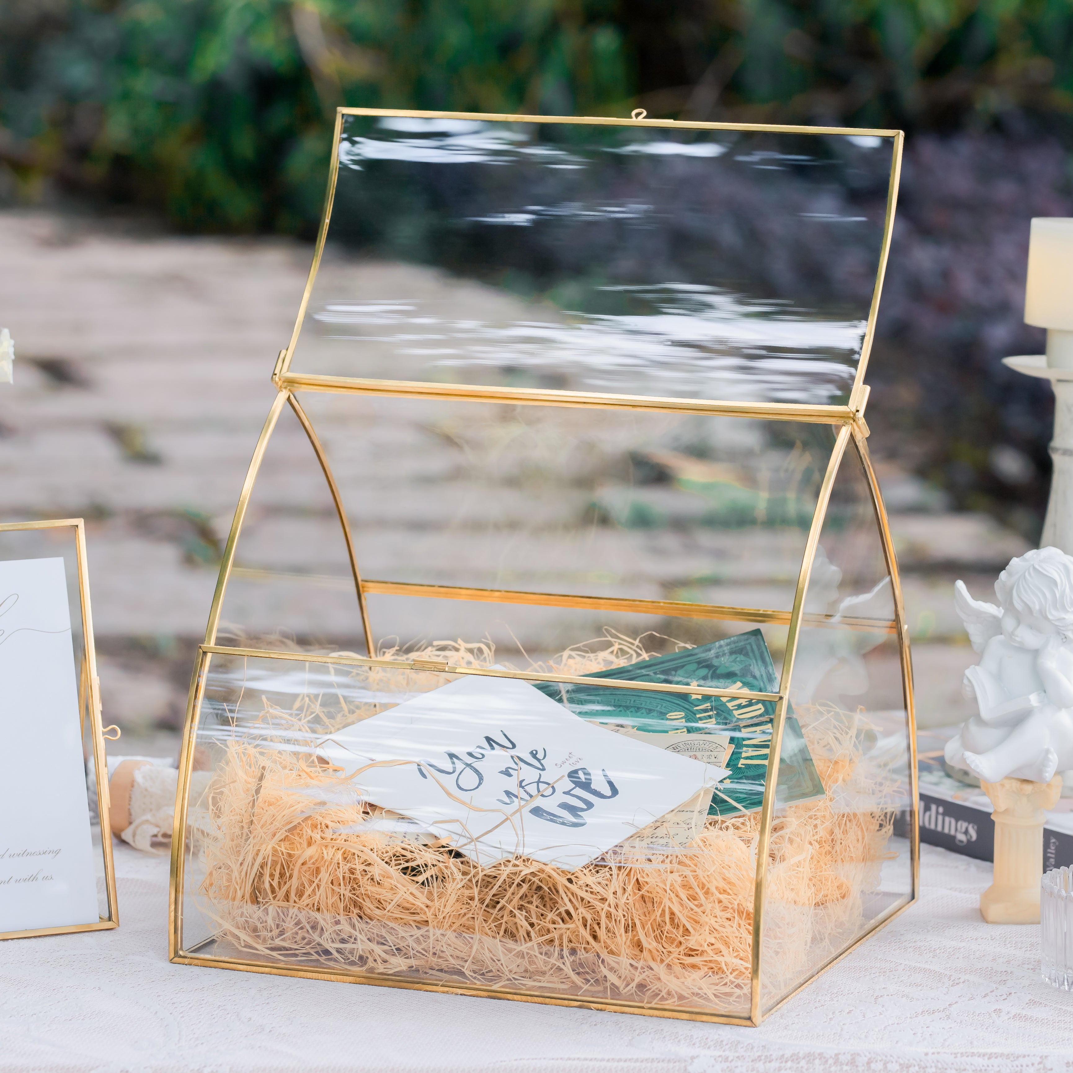 House Shape Arched Curved Roof Vintage Glass Card Box Terrarium, Handmade Brass for Wedding Receiption Wishwell Keepsake - NCYPgarden