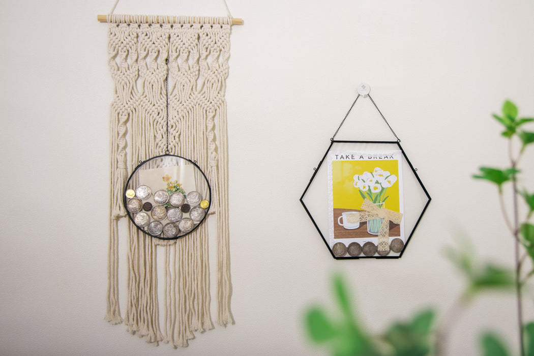 Wall Hanging Black Hexagon 12" Herbarium Brass Glass Frame for Thick Pressed Flowers, Dried Flowers, Poster, Coin, Double Glass, floating - NCYPgarden