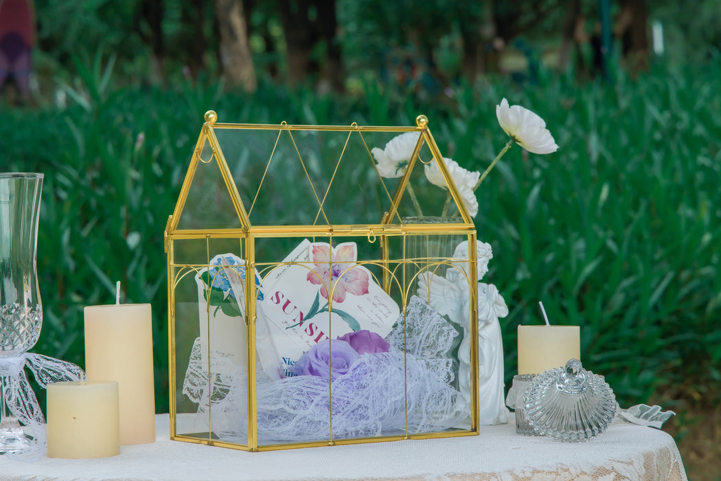 Vintage House Glass Geometric Terrarium Card Box Gold for wedding, graduation, baby shower - NCYPgarden