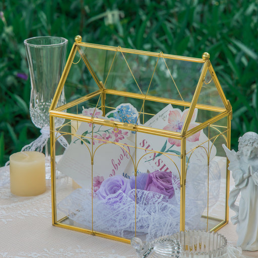 Vintage House Glass Geometric Terrarium Card Box Gold for wedding, graduation, baby shower - NCYPgarden
