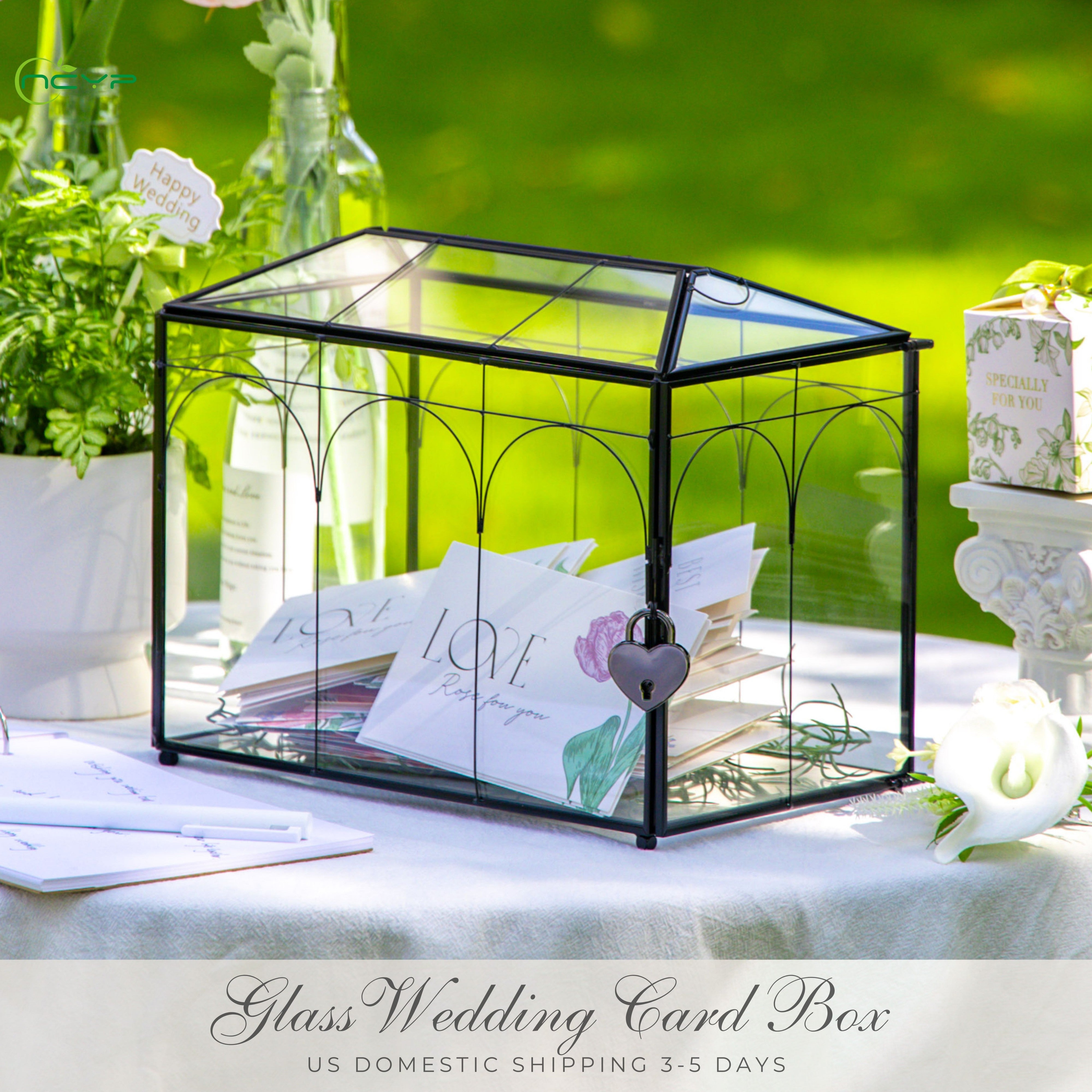 10.2" Handmade Black Wedding Card Box with Slot and Lock, Size Small, for Reception - NCYPgarden