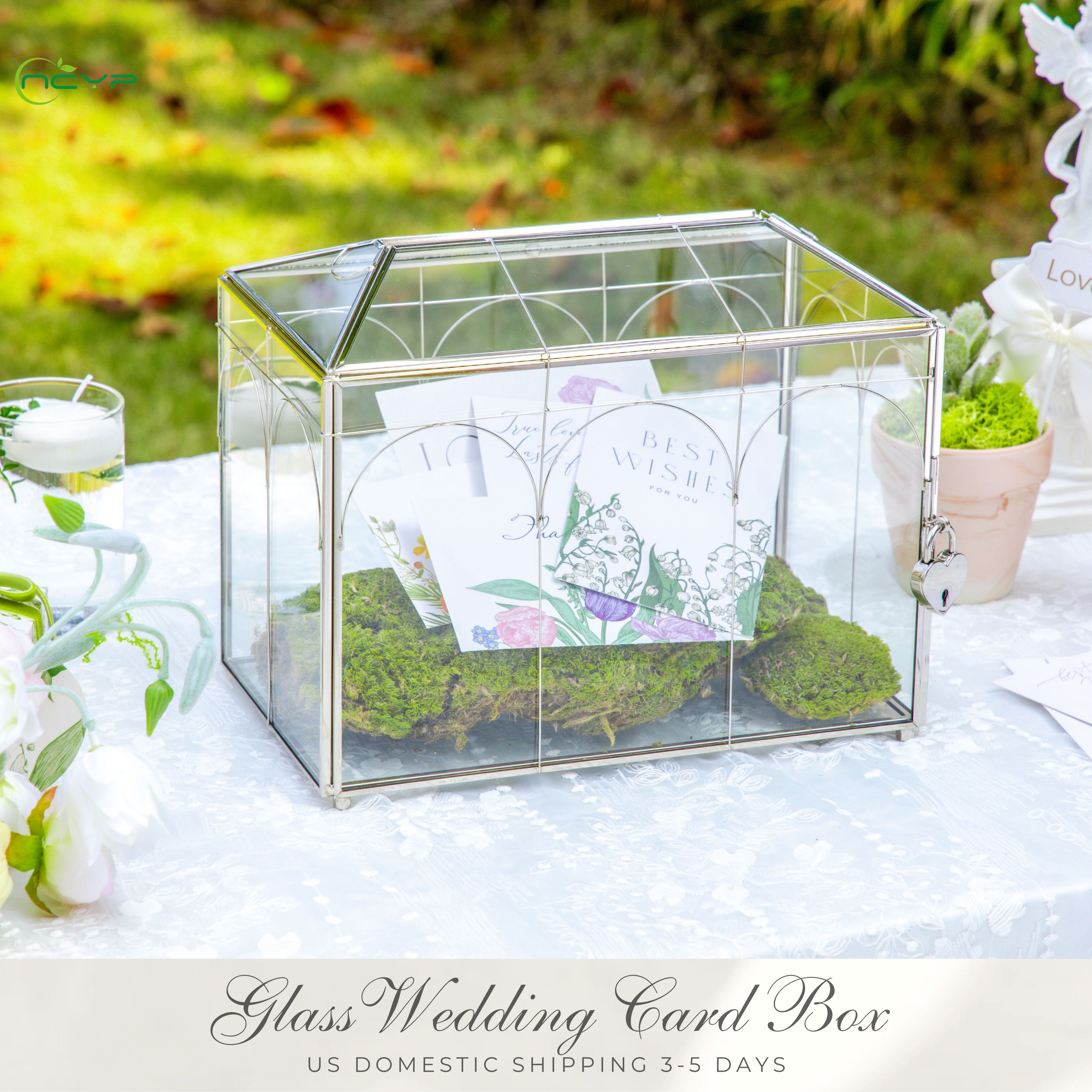Vintage Silver Small Geometric Glass Card Box Terrarium with Heart Lock, Foot, Handmade Brass for Wedding Reception Wishwell Keepsake - NCYPgarden