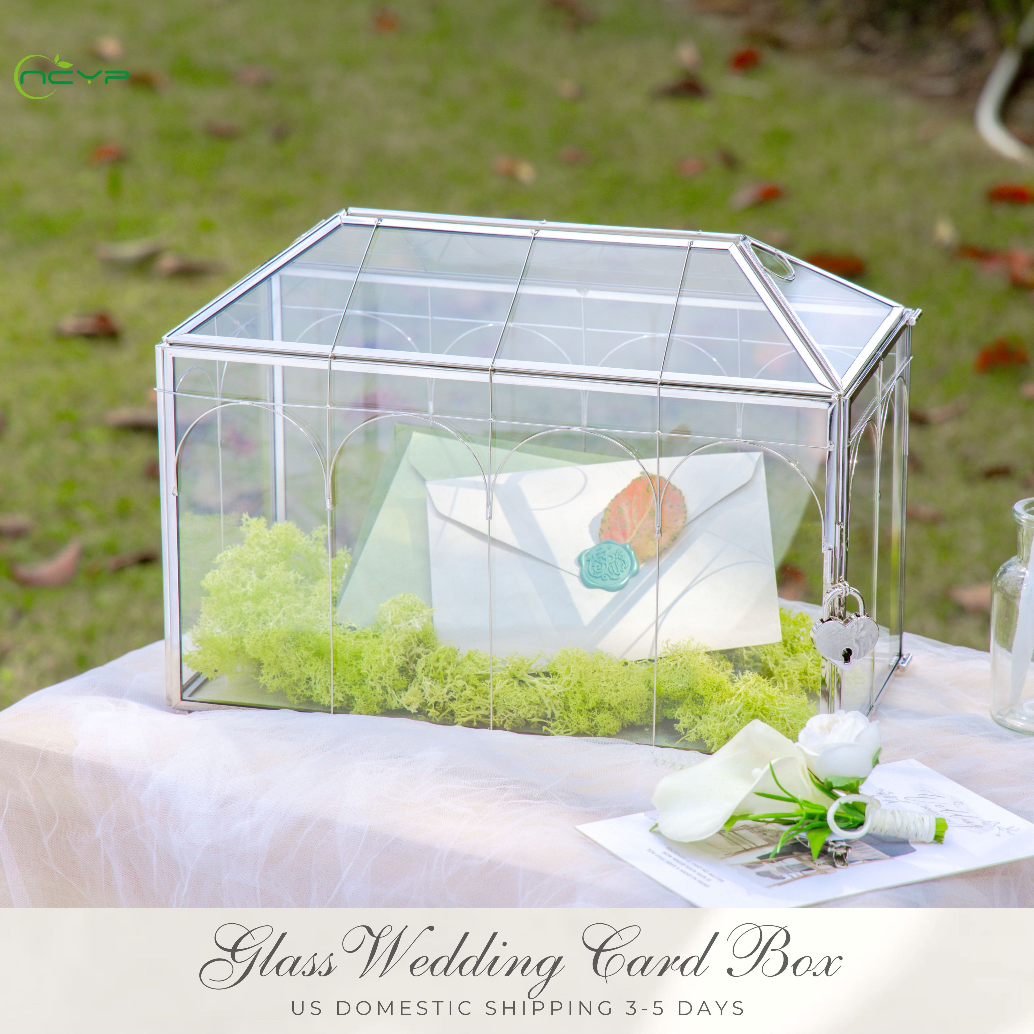 Vintage Silver Large Geometric Glass Card Box Terrarium with Heart Lock, Foot, Handmade Brass for Wedding Reception Wishwell Keepsake - NCYPgarden