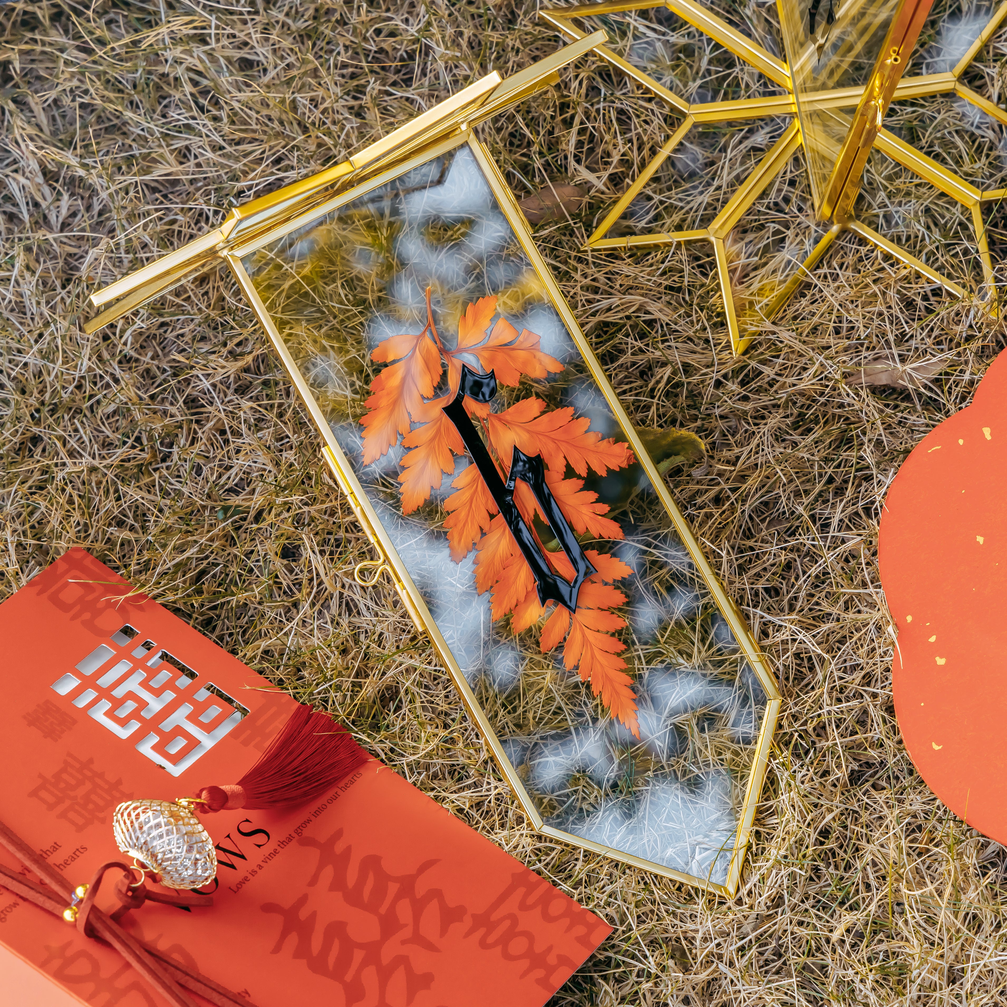 Geometric Gardenia Garden Gold Glass and Brass Wedding Table Number Holder, pressed flower frame - NCYPgarden