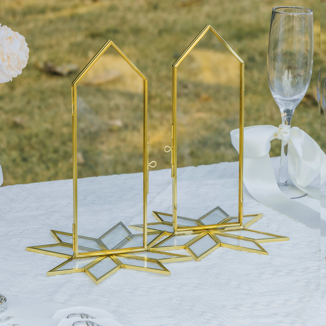 Geometric Gardenia Garden Gold Glass and Brass Wedding Table Number Holder, pressed flower frame - NCYPgarden