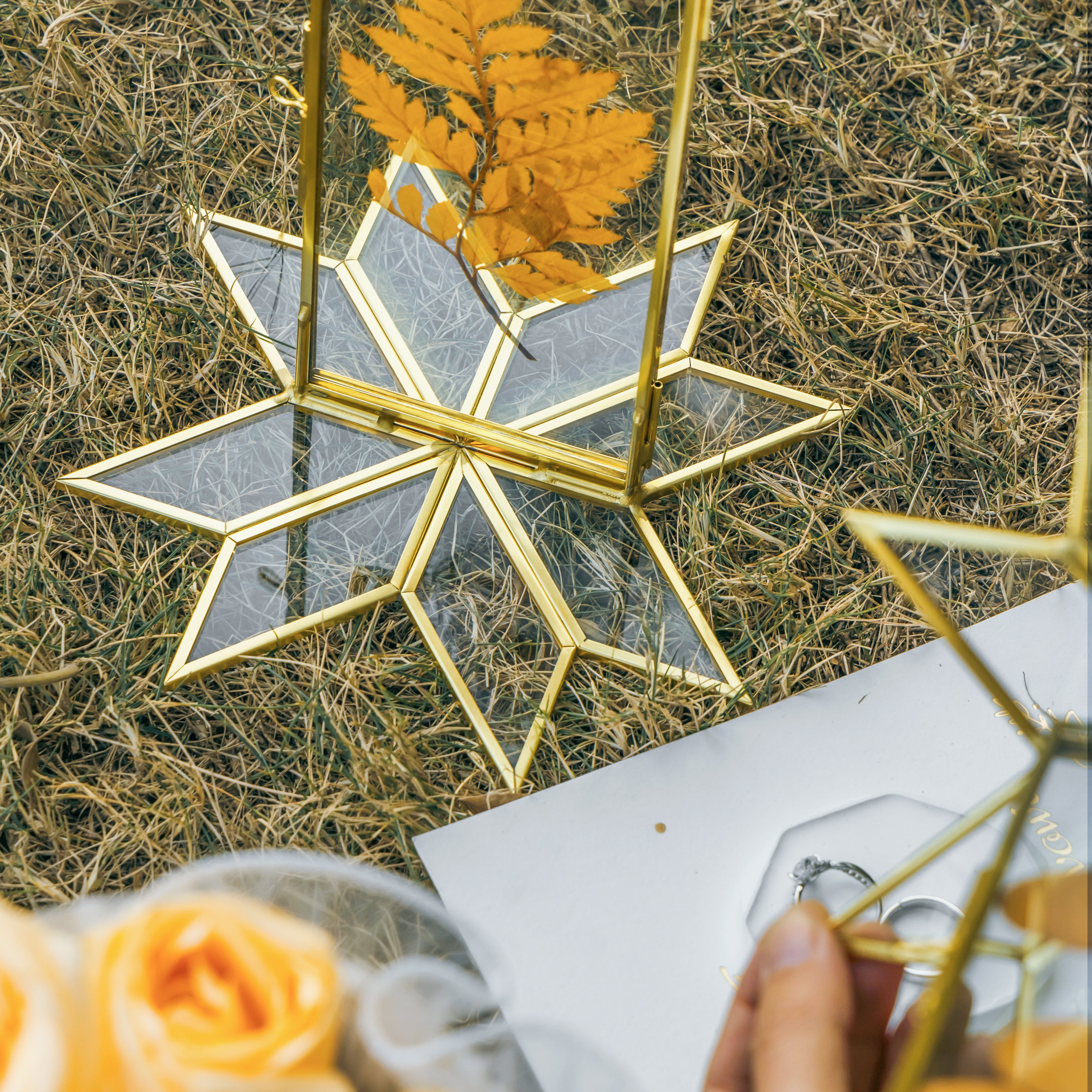 Geometric Gardenia Garden Gold Glass and Brass Wedding Table Number Holder, pressed flower frame - NCYPgarden