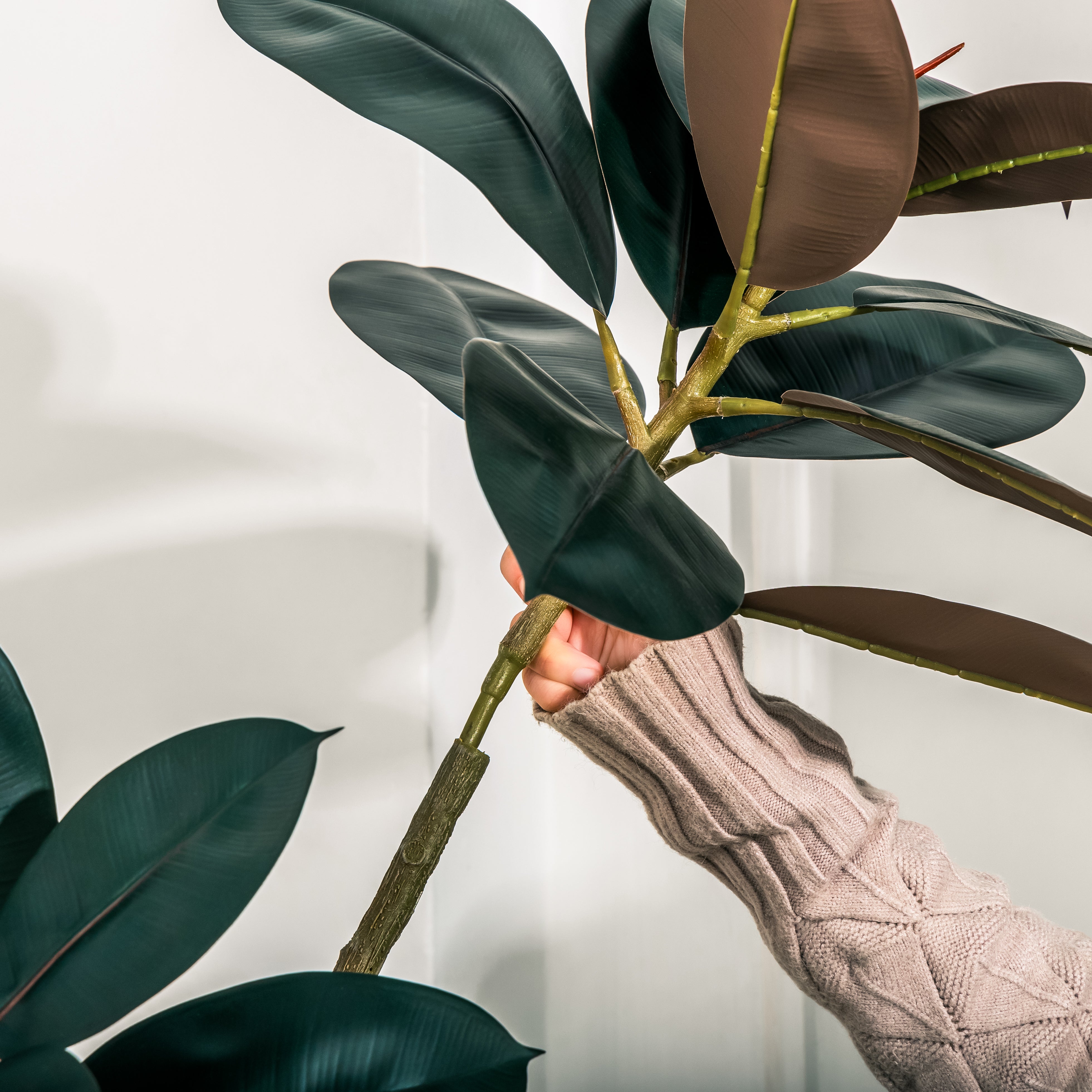 NCYP Artificial Rubber Tree, Rubber Fig, Rubber Bush 5.9FT (70.8 Inches) Tall Faux Plant for Home Office Decor, Indoor Fake Potted Ficus Elastica Tree with Plastic Pot and Rattan Woven Basket - NCYPgarden