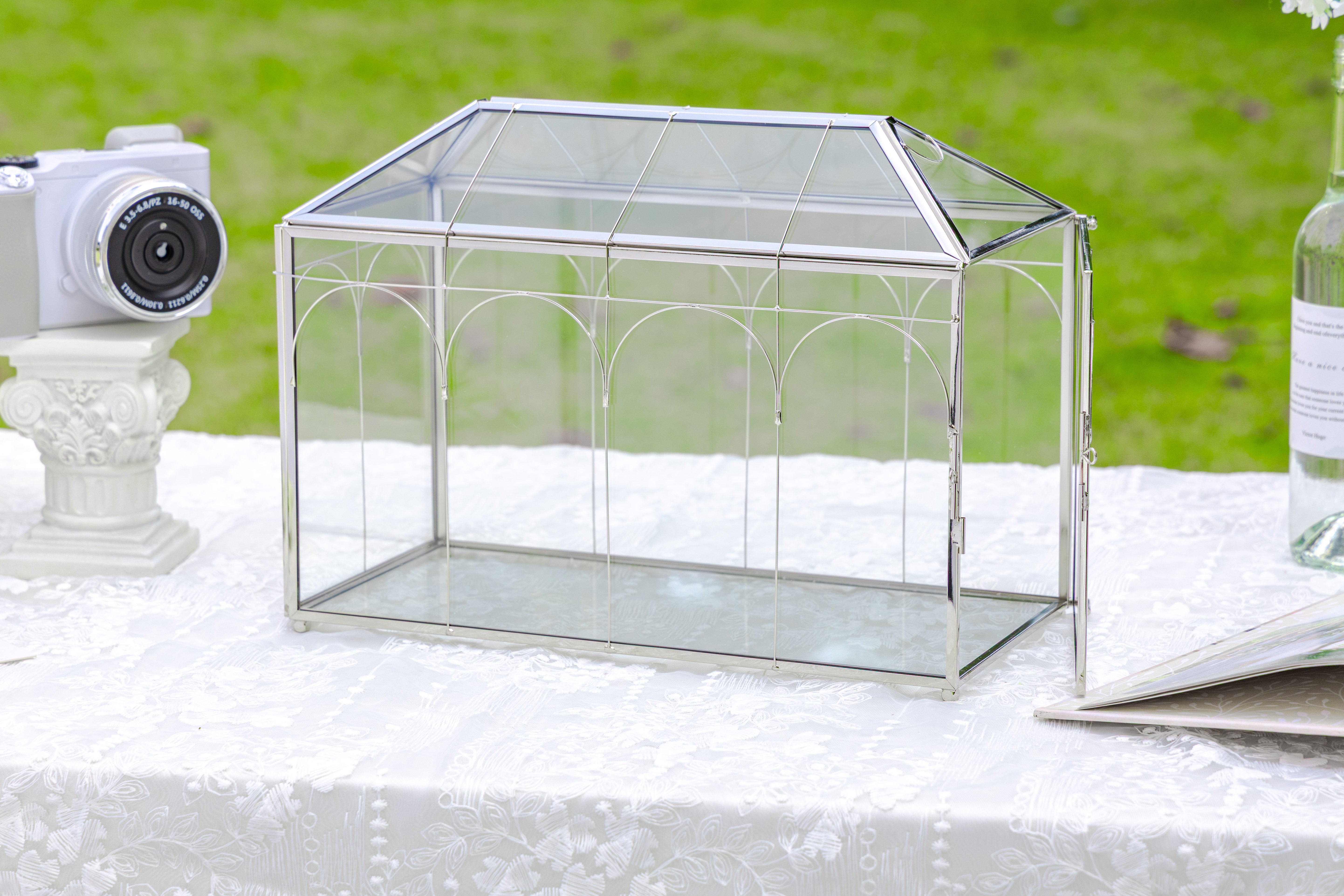 Vintage Silver Large Geometric Glass Card Box Terrarium with Heart Lock, Foot, Handmade Brass for Wedding Reception Wishwell Keepsake - NCYPgarden