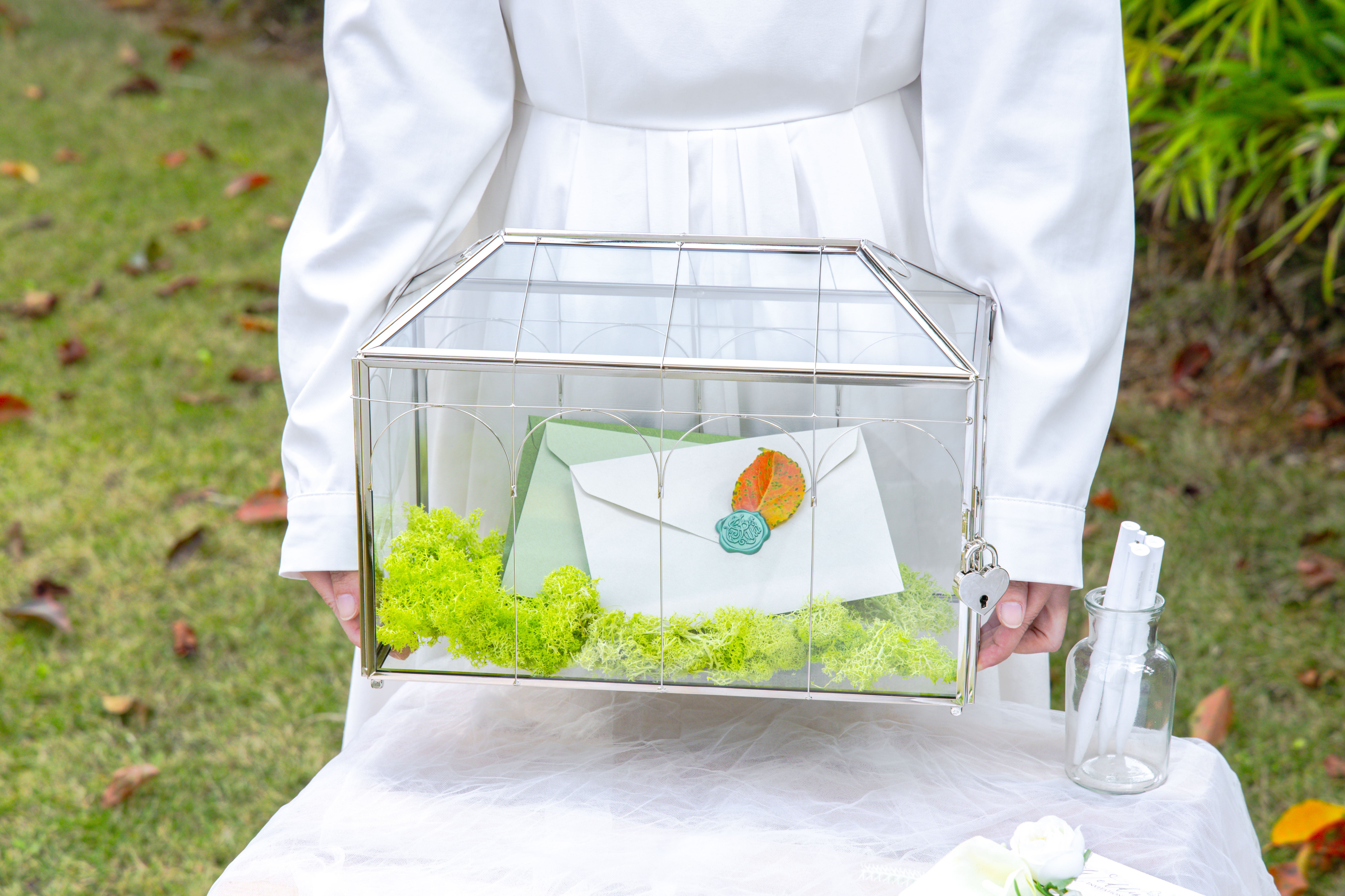 Vintage Silver Large Geometric Glass Card Box Terrarium with Heart Lock, Foot, Handmade Brass for Wedding Reception Wishwell Keepsake - NCYPgarden