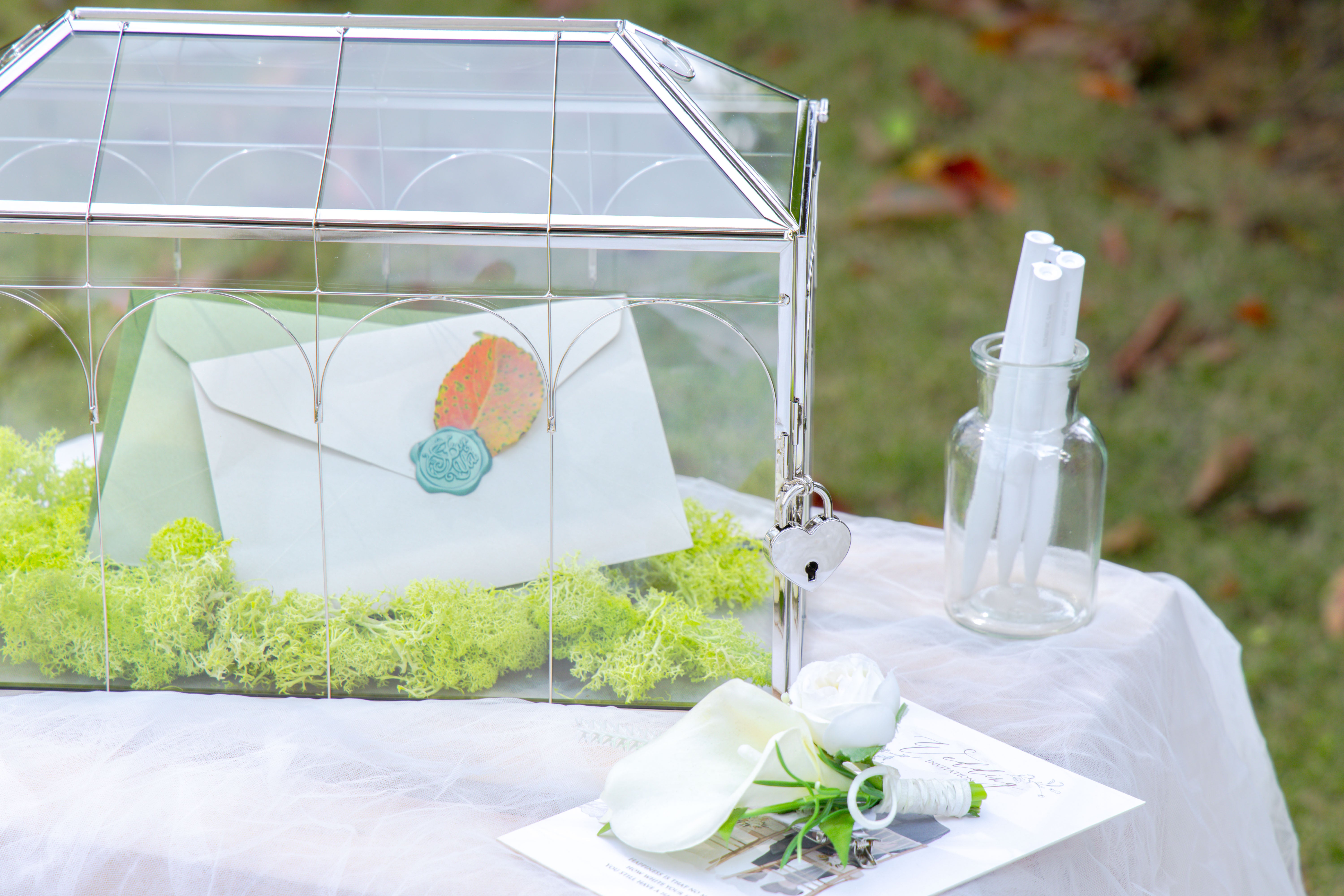 Vintage Silver Large Geometric Glass Card Box Terrarium with Heart Lock, Foot, Handmade Brass for Wedding Reception Wishwell Keepsake - NCYPgarden