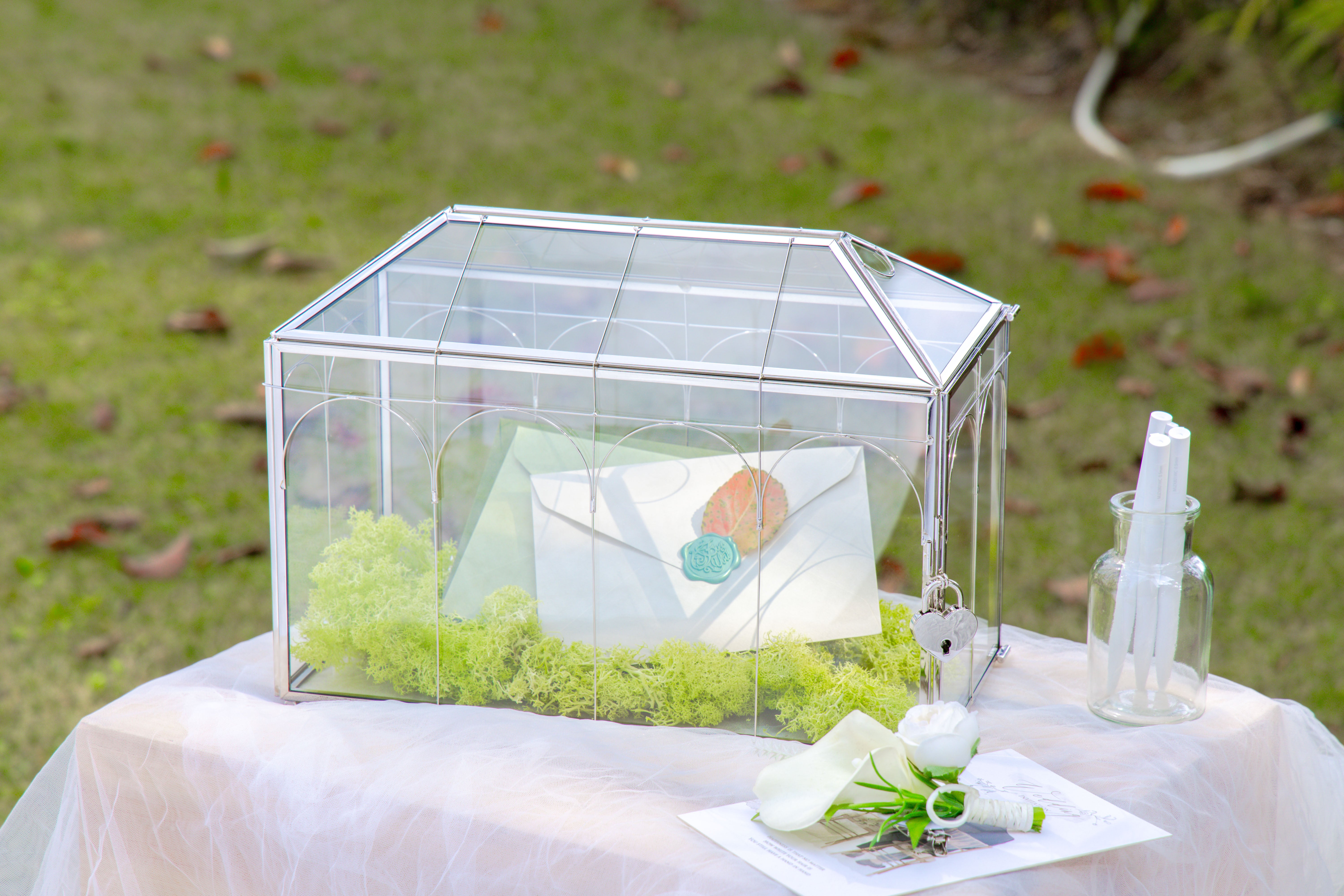 Vintage Silver Large Geometric Glass Card Box Terrarium with Heart Lock, Foot, Handmade Brass for Wedding Reception Wishwell Keepsake - NCYPgarden