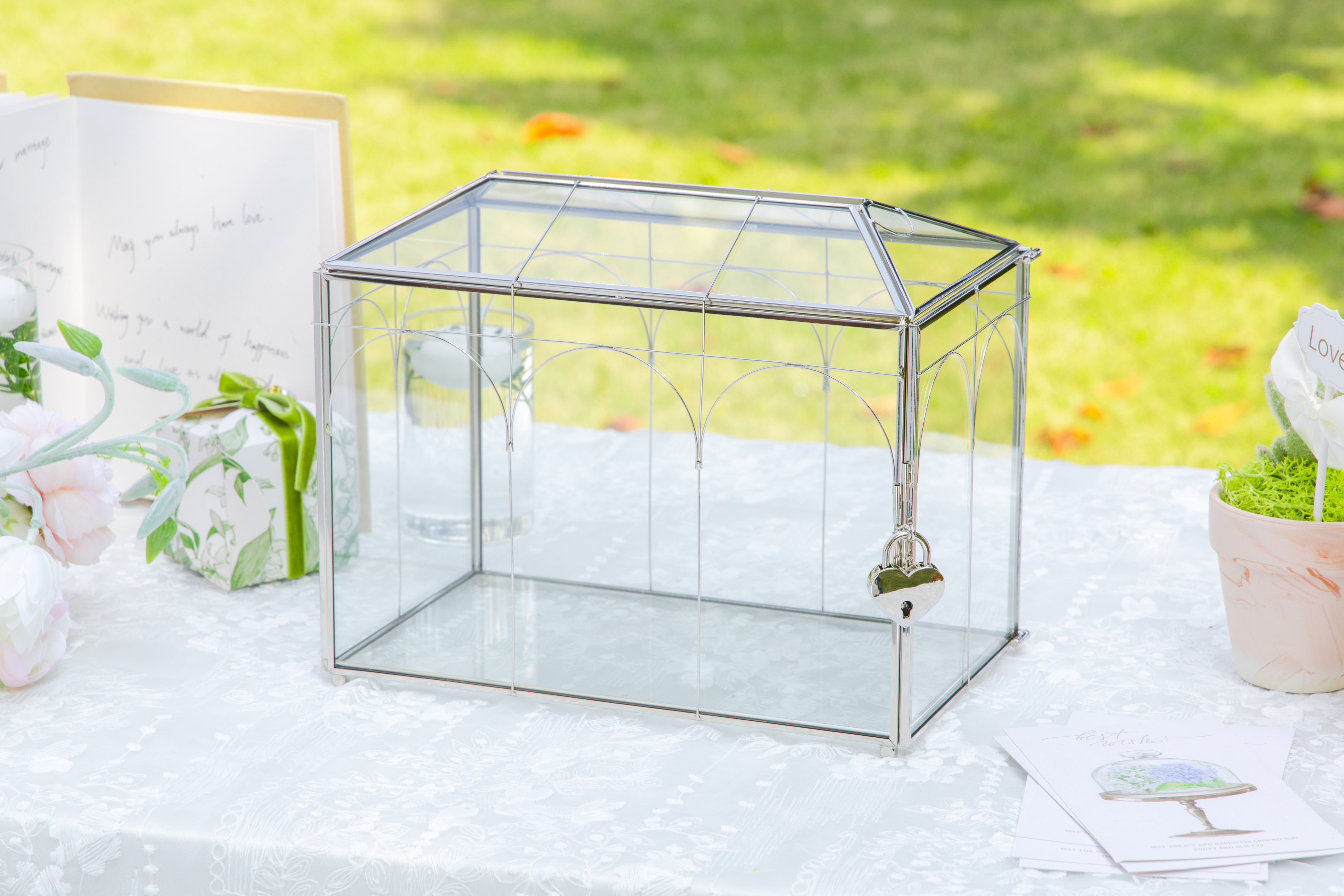 Vintage Silver Small Geometric Glass Card Box Terrarium with Heart Lock, Foot, Handmade Brass for Wedding Reception Wishwell Keepsake - NCYPgarden