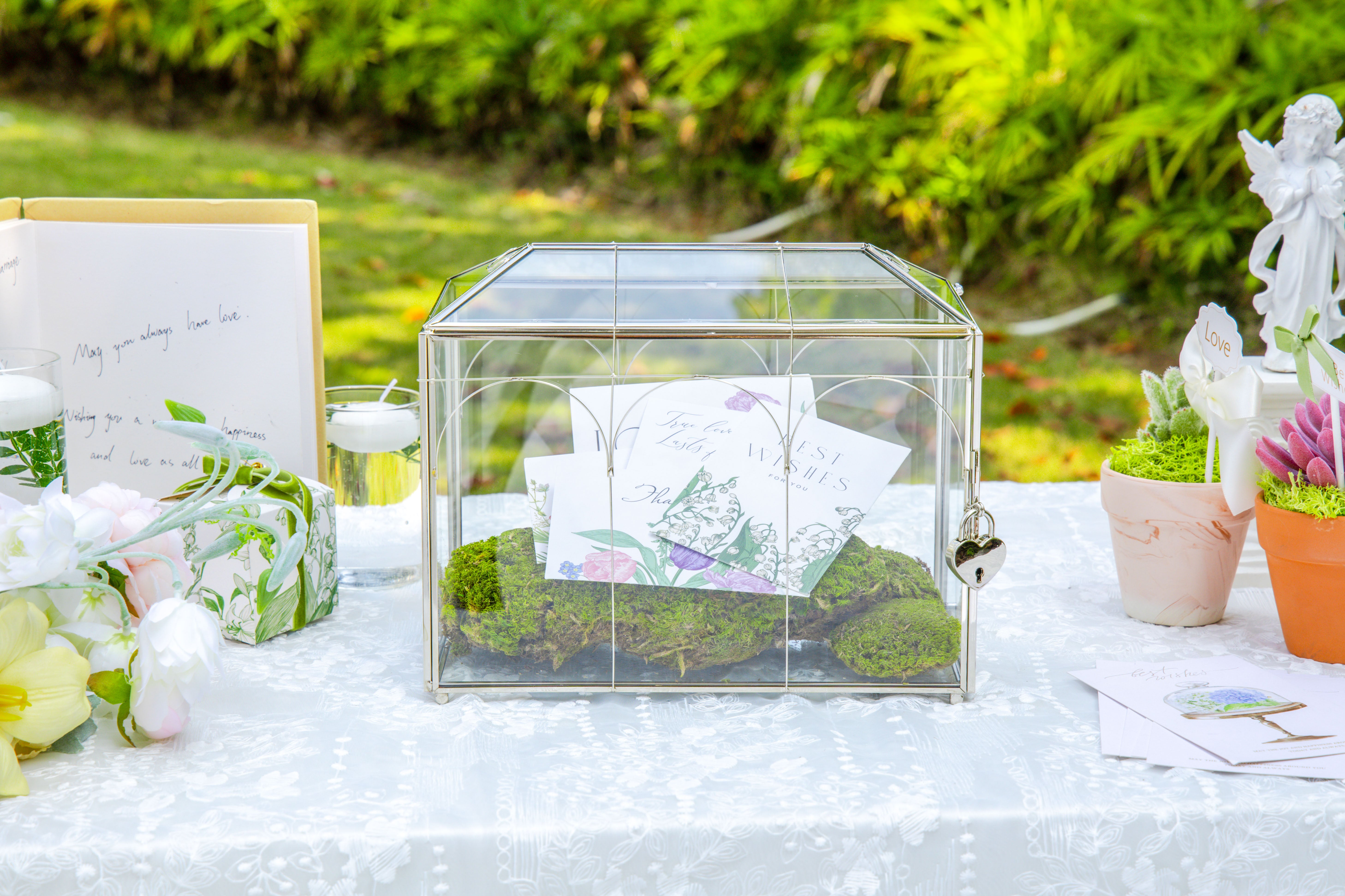 Vintage Silver Small Geometric Glass Card Box Terrarium with Heart Lock, Foot, Handmade Brass for Wedding Reception Wishwell Keepsake - NCYPgarden