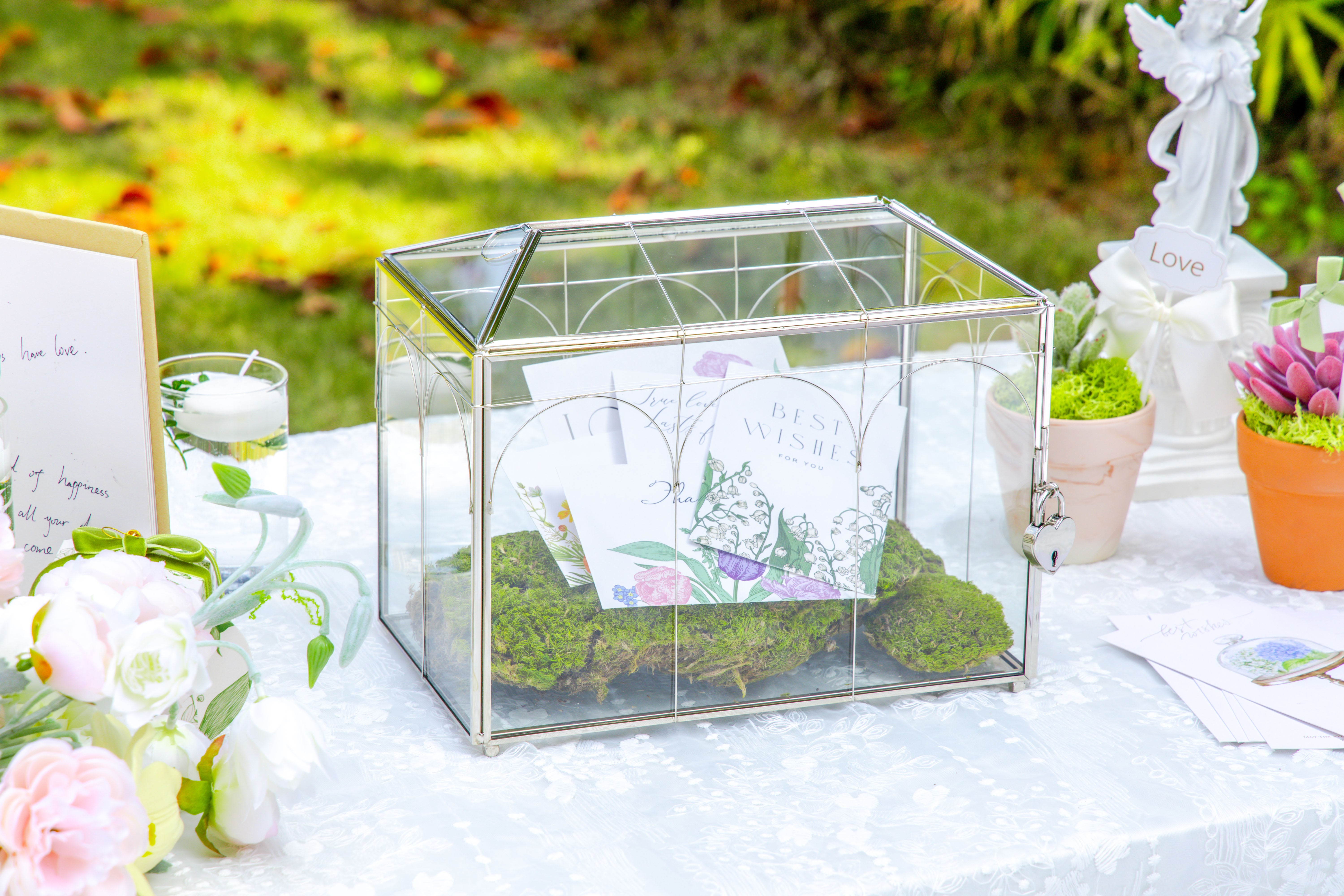 Vintage Silver Small Geometric Glass Card Box Terrarium with Heart Lock, Foot, Handmade Brass for Wedding Reception Wishwell Keepsake - NCYPgarden