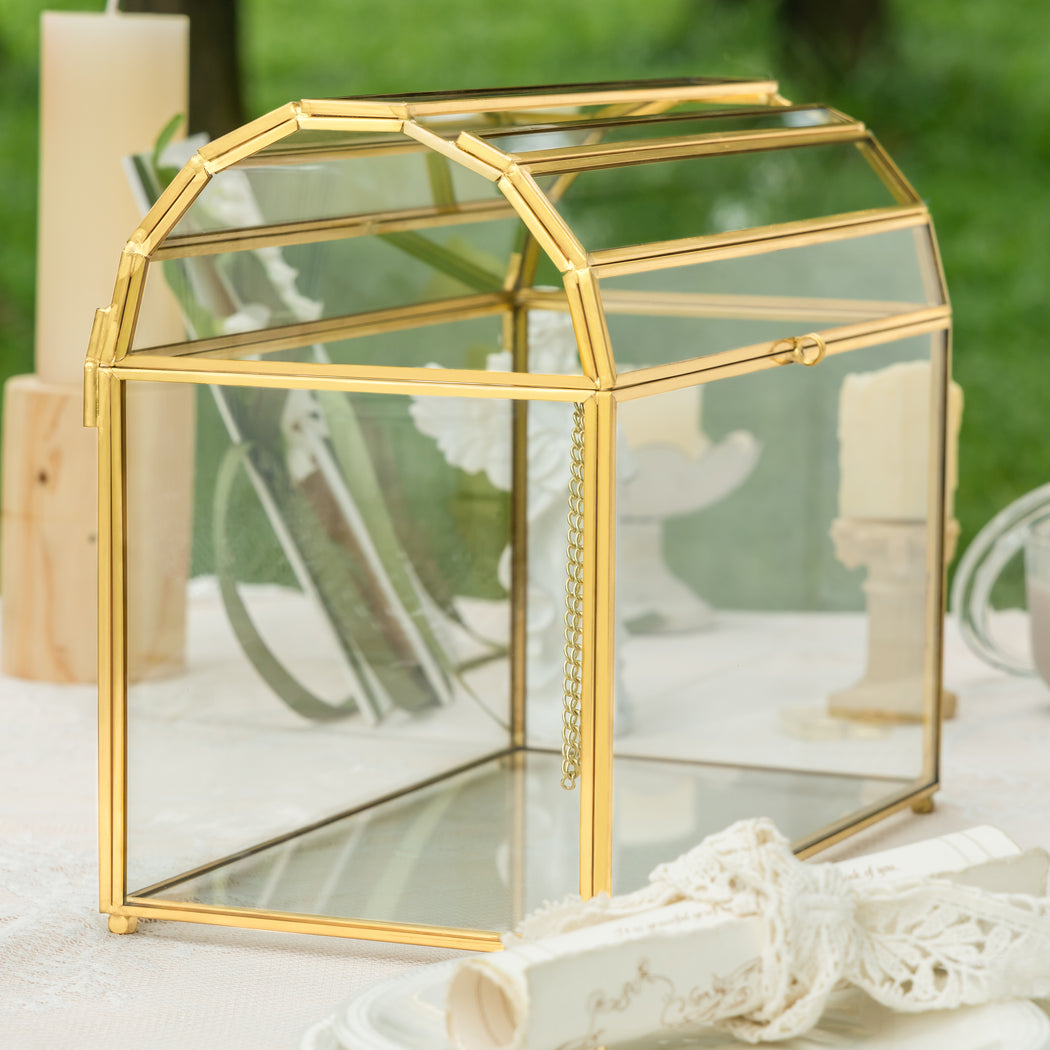 NCYP Wedding Card Box with Slot and Lock - 10.2x5.5x8.4 Inches - Gold Glass Envelope Box for Birthday Party Reception - Vintage, Arch-design, Centerpiece Decoration (Glass Box Only) - NCYPgarden