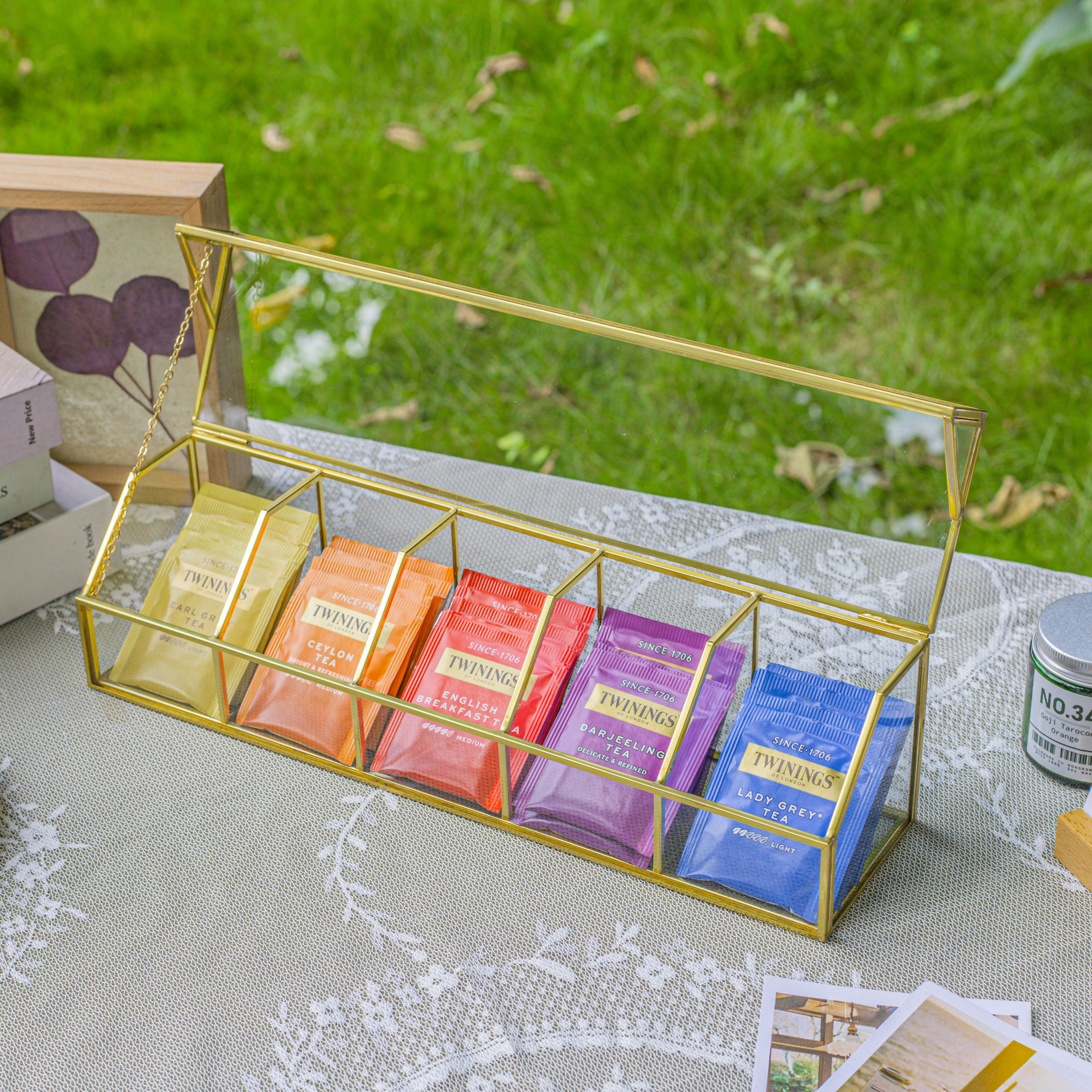 Glass Gold Tea Bag Box, 5 Compartments and Lid Storage Box, Tea Lovers ...