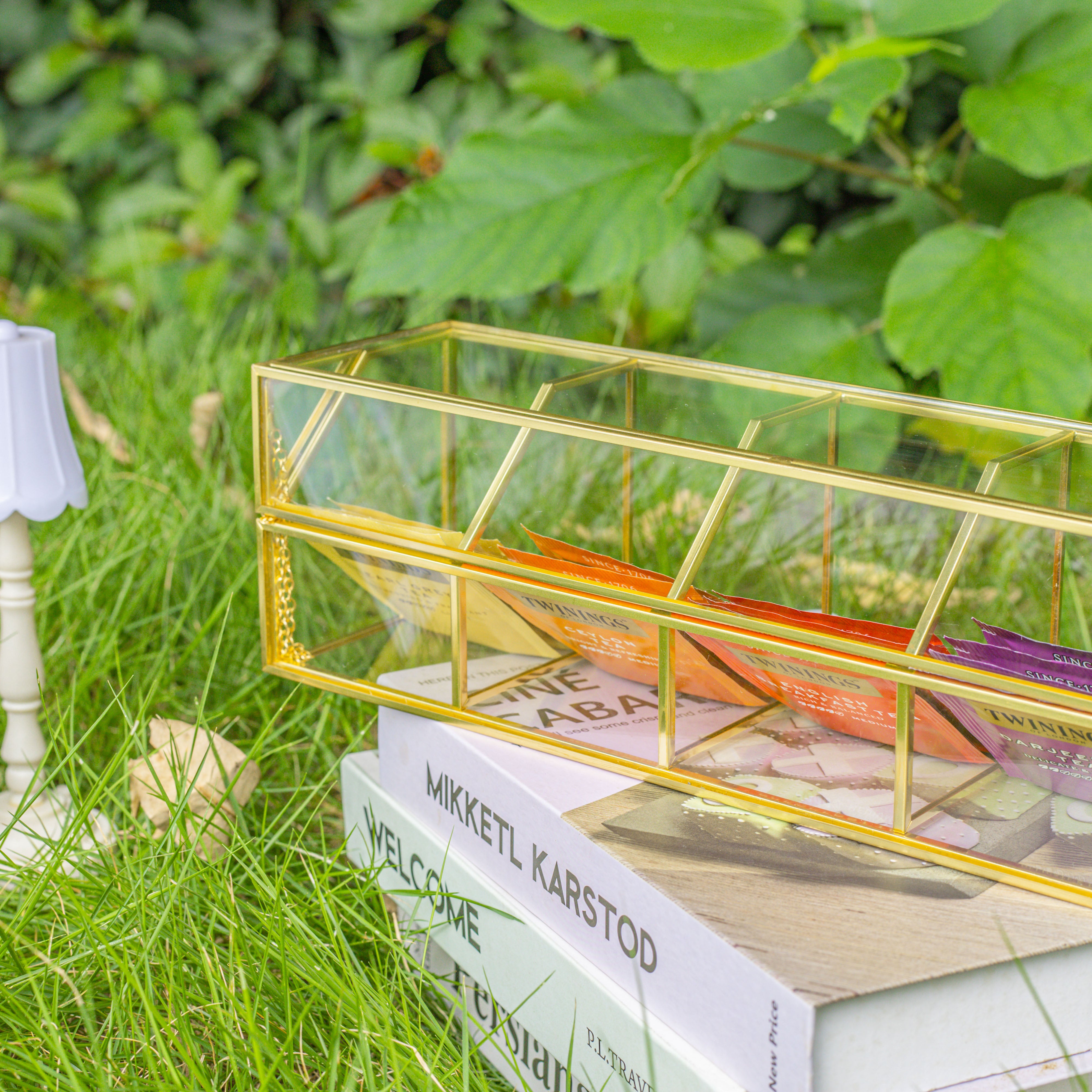 Glass Gold Tea Bag Box, 5 Compartments and Lid Storage Box, Tea Lovers ...