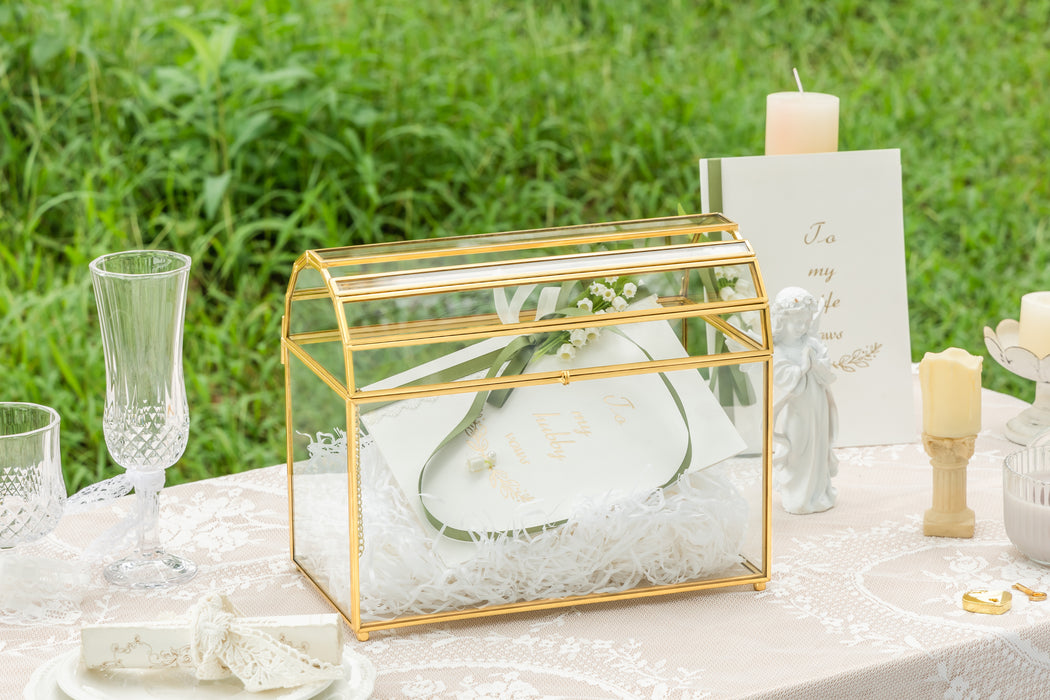 NCYP Wedding Card Box with Slot and Lock - 10.2x5.5x8.4 Inches - Gold Glass Envelope Box for Birthday Party Reception - Vintage, Arch-design, Centerpiece Decoration (Glass Box Only) - NCYPgarden