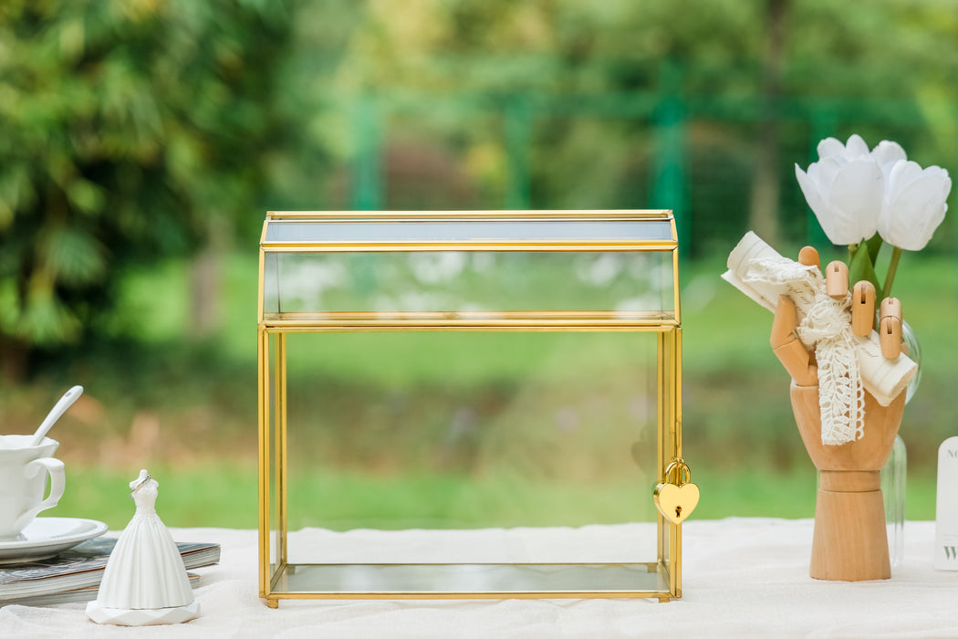 NCYP Gold Glass Cards Box with Slot and Lock for Wedding, Birthday Party - 10.2x5.6x9.3 Inches - Treasure Chest Shape, Clear Geometric Card Holder, Home Decor Glass Terrarium, Handmad (Glass Box Only) - NCYPgarden
