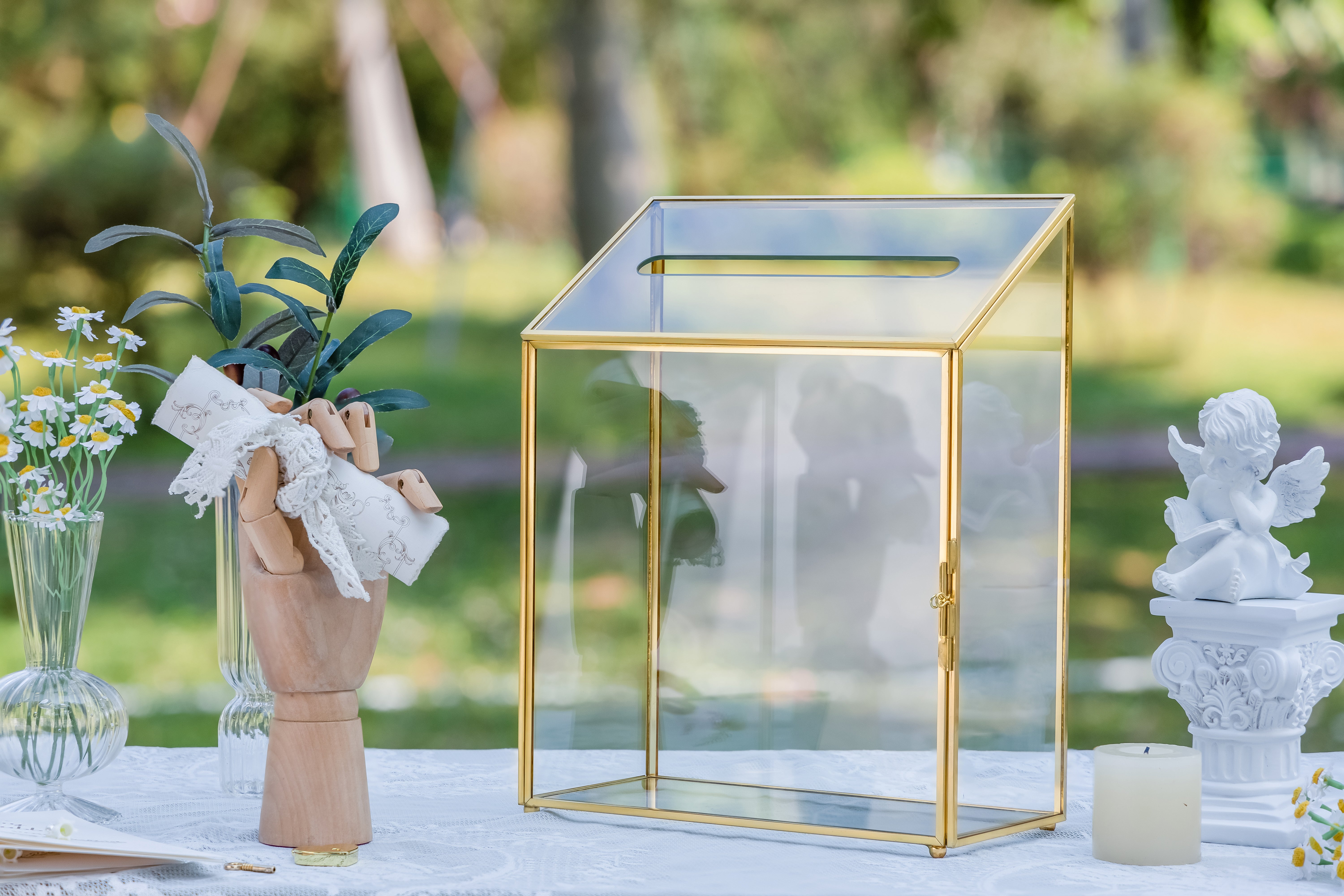 NCYP Wedding Card Box with Slot and Lock - 9.5x4.5x11.8 inches - Gold Glass Envelope Donation Box for Birthday Party Reception - Vintage Centerpiece, Decoration (Glass Box Only) - NCYPgarden