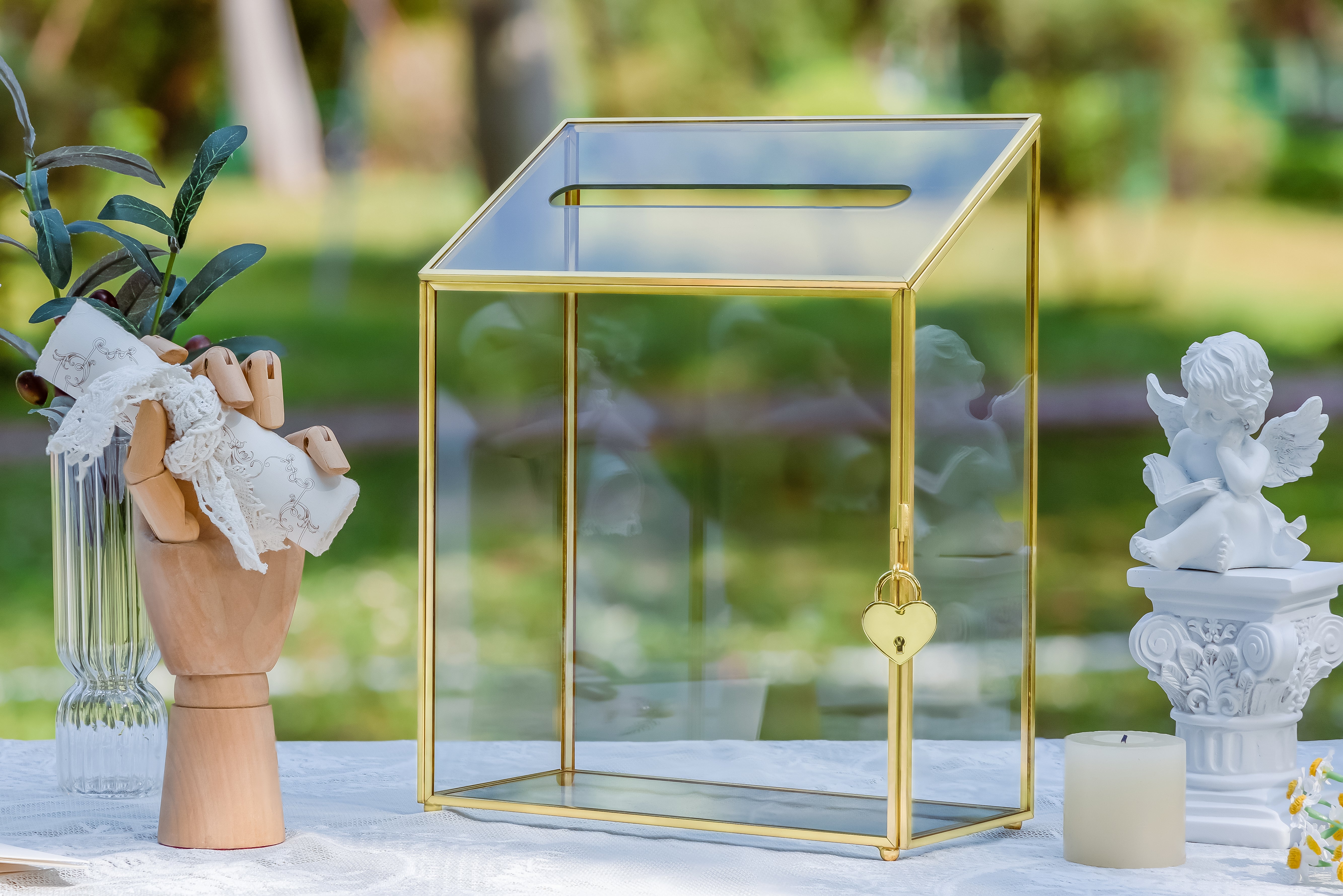 NCYP Wedding Card Box with Slot and Lock - 9.5x4.5x11.8 inches - Gold Glass Envelope Donation Box for Birthday Party Reception - Vintage Centerpiece, Decoration (Glass Box Only) - NCYPgarden