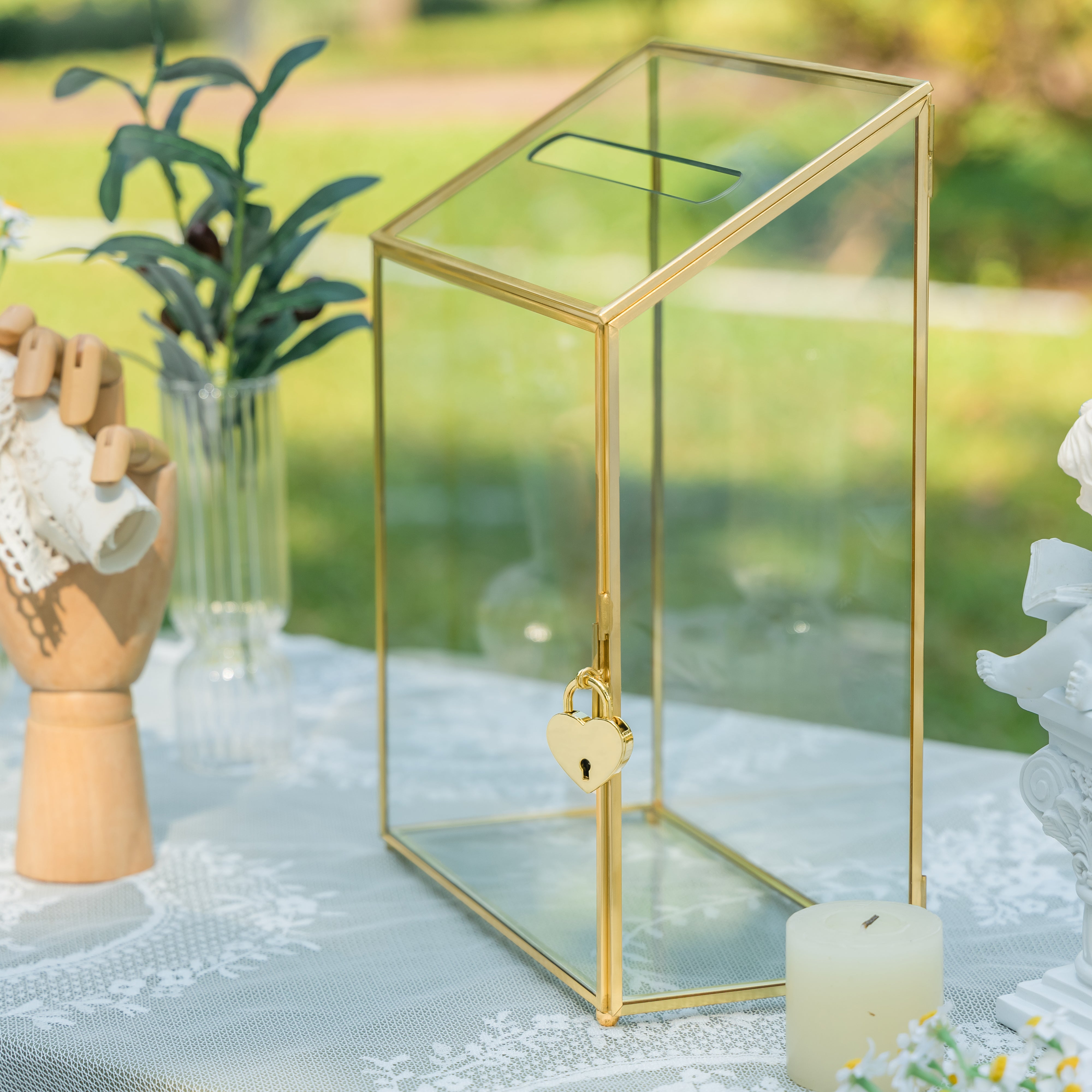NCYP Wedding Card Box with Slot and Lock - 9.5x4.5x11.8 inches - Gold Glass Envelope Donation Box for Birthday Party Reception - Vintage Centerpiece, Decoration (Glass Box Only) - NCYPgarden