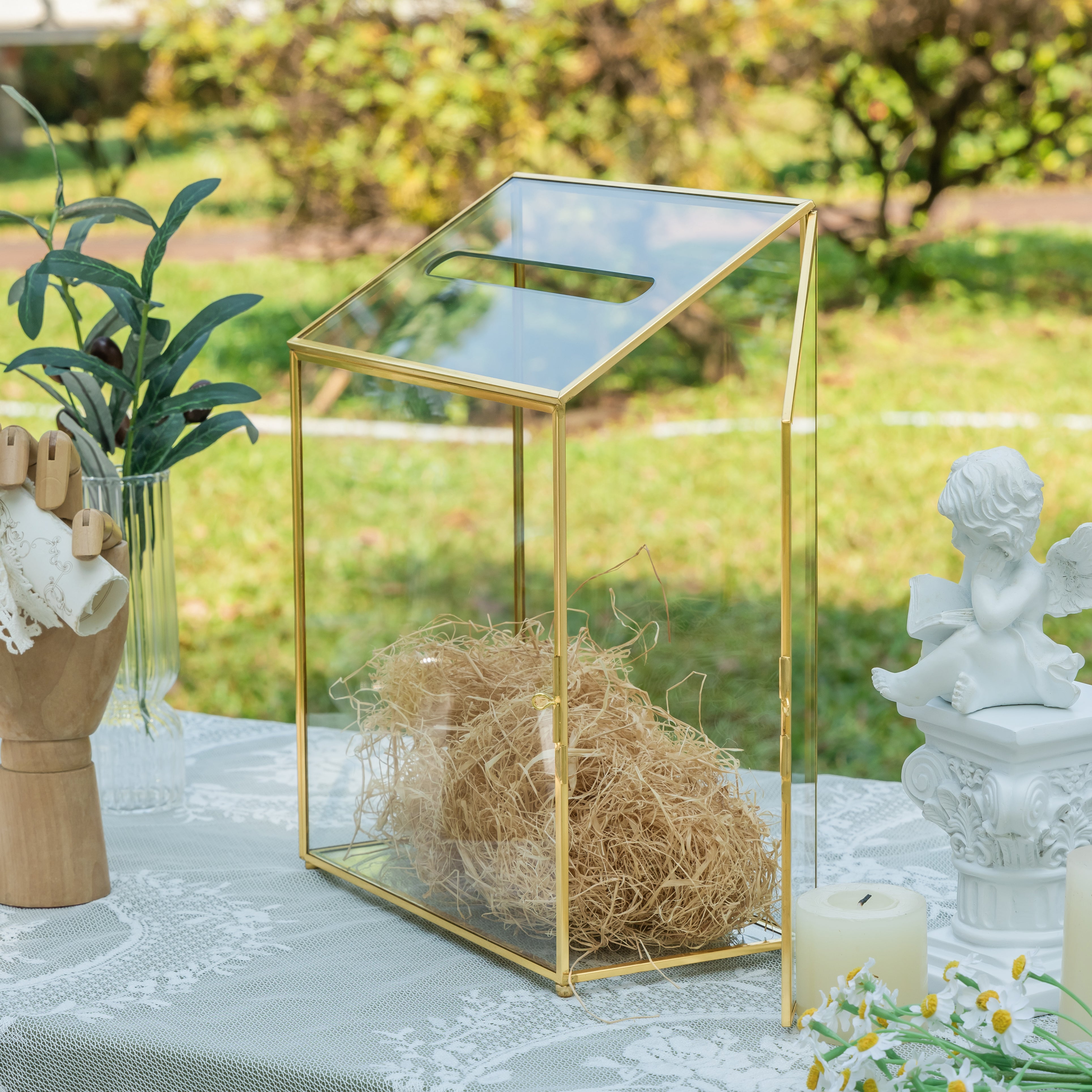 NCYP Wedding Card Box with Slot and Lock - 9.5x4.5x11.8 inches - Gold Glass Envelope Donation Box for Birthday Party Reception - Vintage Centerpiece, Decoration (Glass Box Only) - NCYPgarden