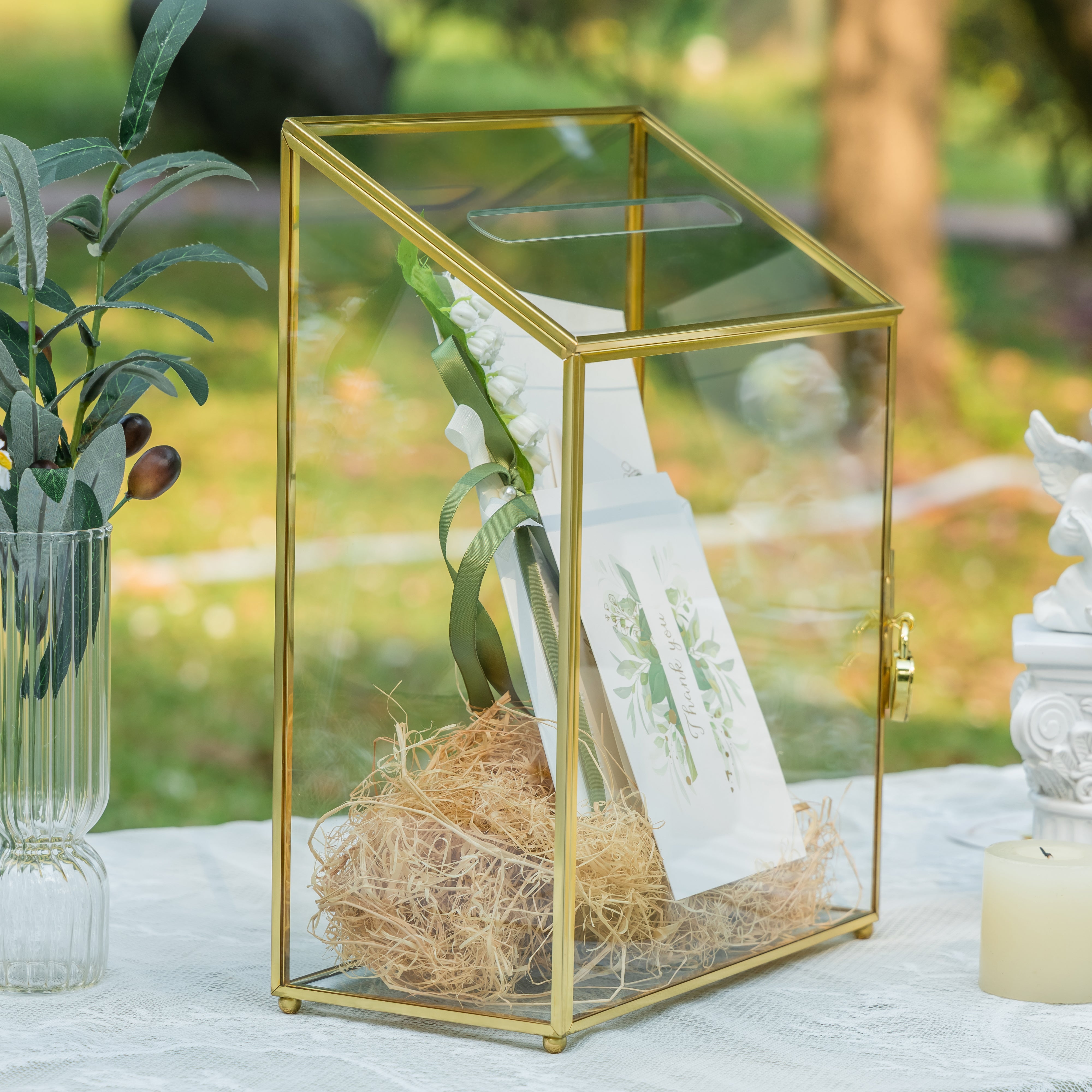 NCYP Wedding Card Box with Slot and Lock - 9.5x4.5x11.8 inches - Gold Glass Envelope Donation Box for Birthday Party Reception - Vintage Centerpiece, Decoration (Glass Box Only) - NCYPgarden