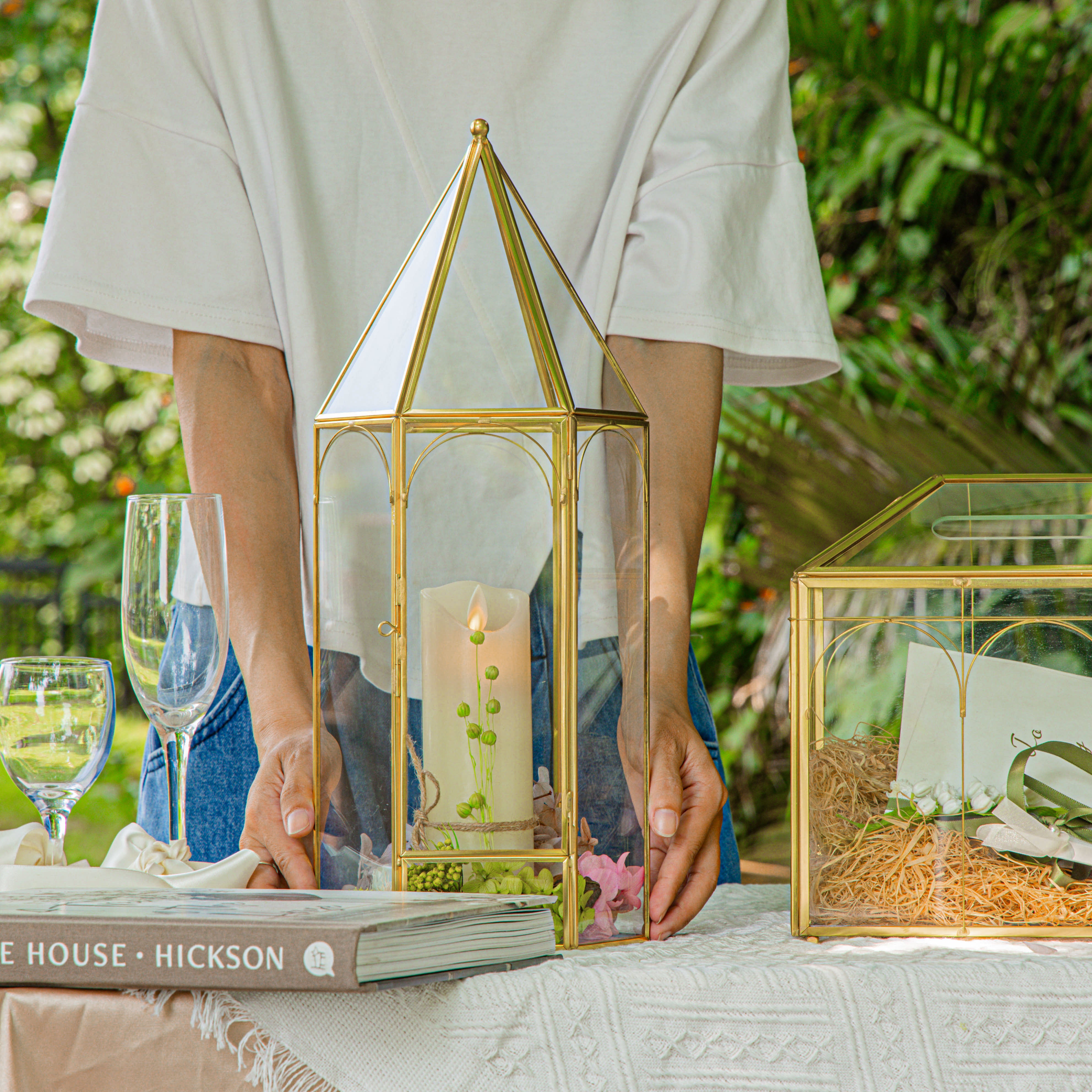 Handmade Gold Tall Tower Terrarium Glass Box for Ribbon Wands, Pens, Cancel Holder for Wedding, Reception, Wishing Well, Bridal Shower - NCYPgarden