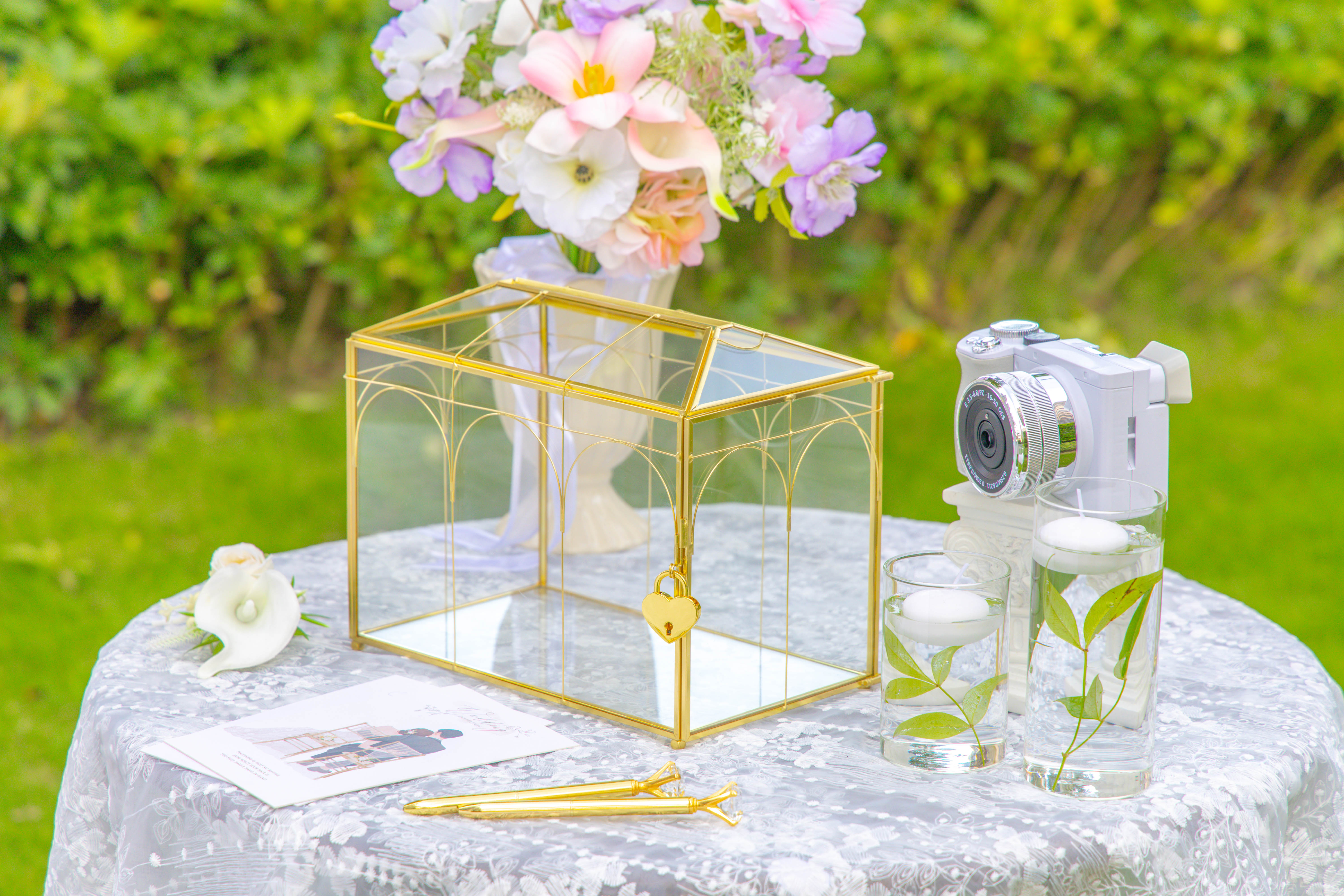 10.2" Handmade victorian Church  Gold Wedding Card Box with Slot and Lock - NCYPgarden