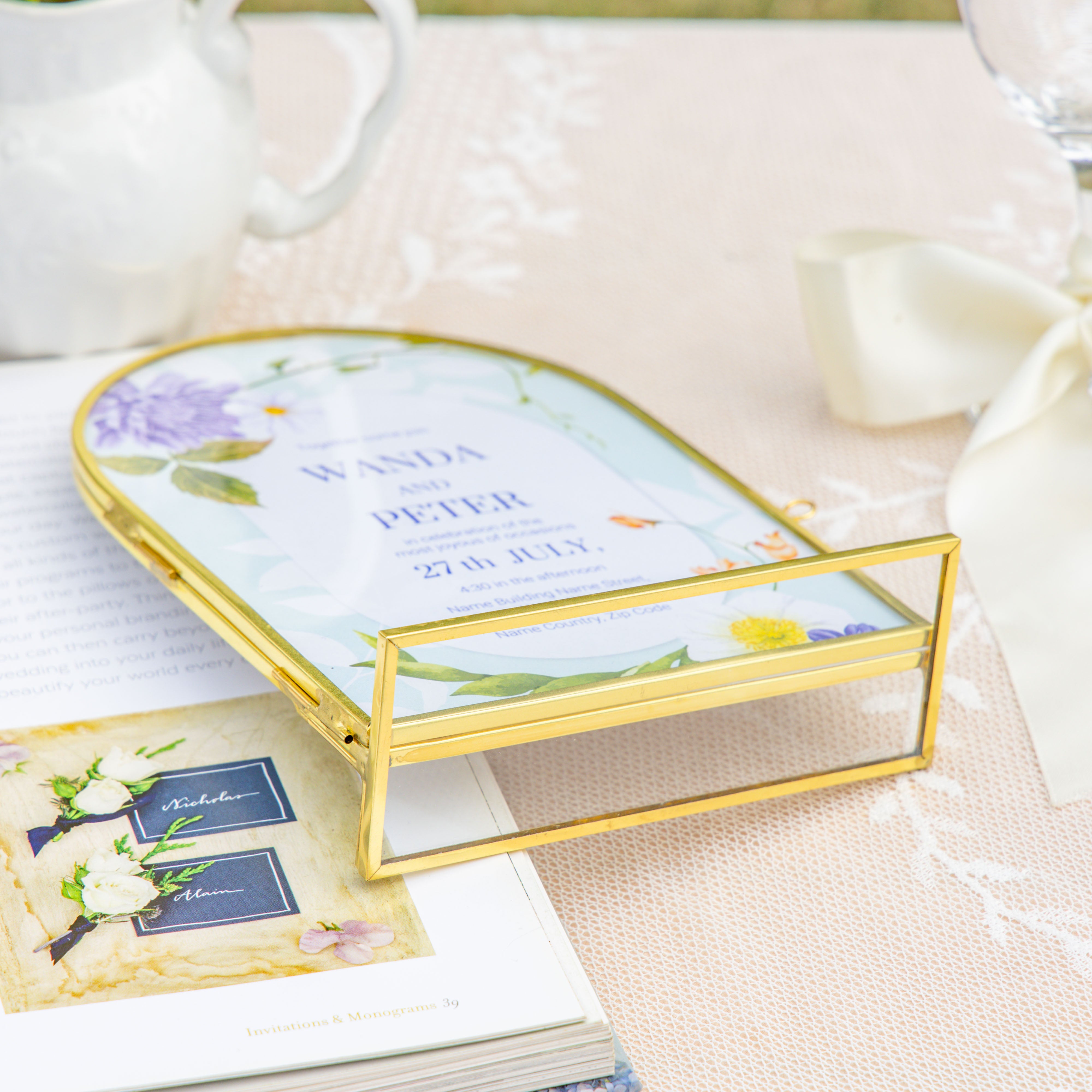 5x7'' Arched Brass and Double Glass Frame,  for Pressed Flowers, Table Number Holder - NCYPgarden