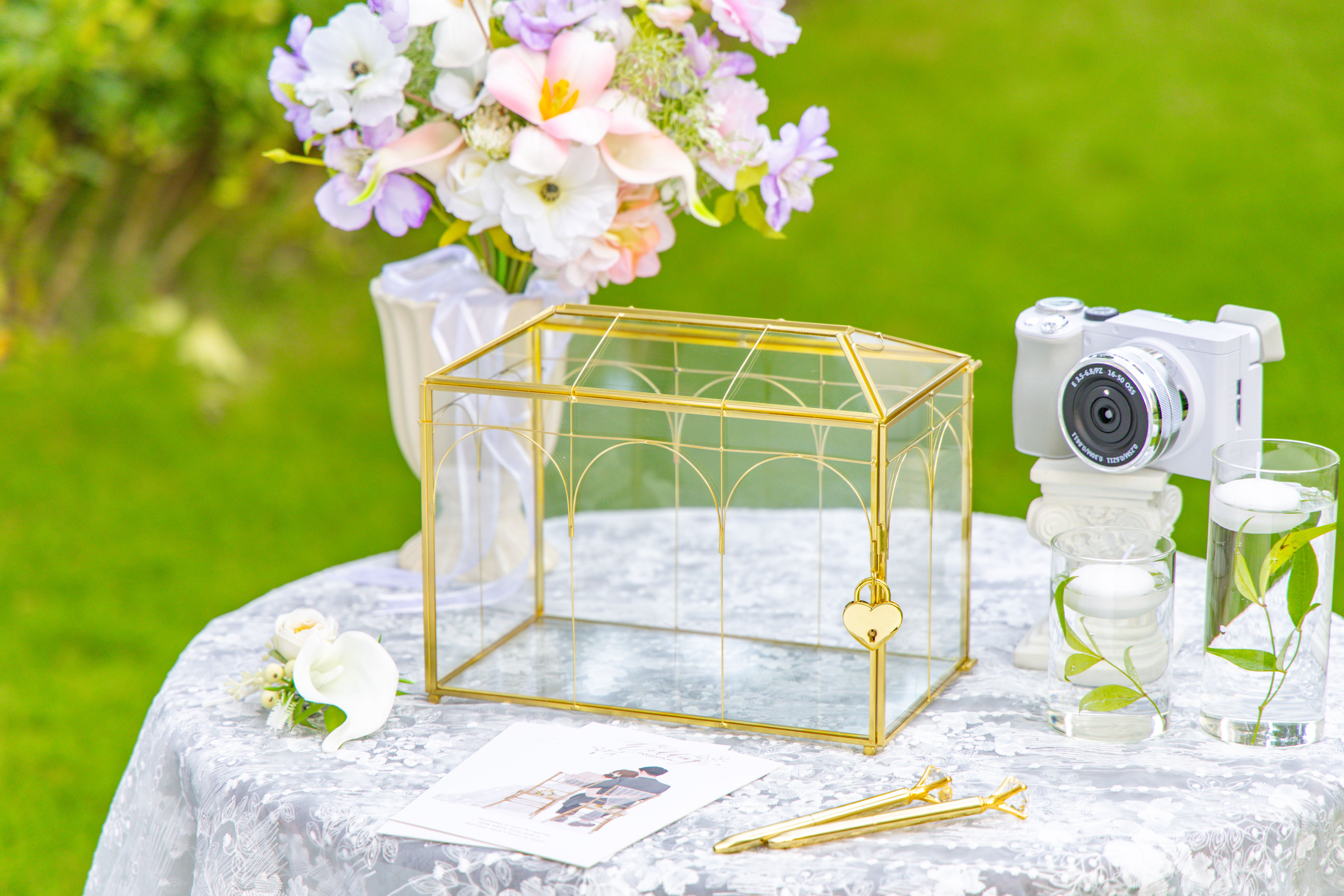 10.2" Handmade victorian Church  Gold Wedding Card Box with Slot and Lock - NCYPgarden