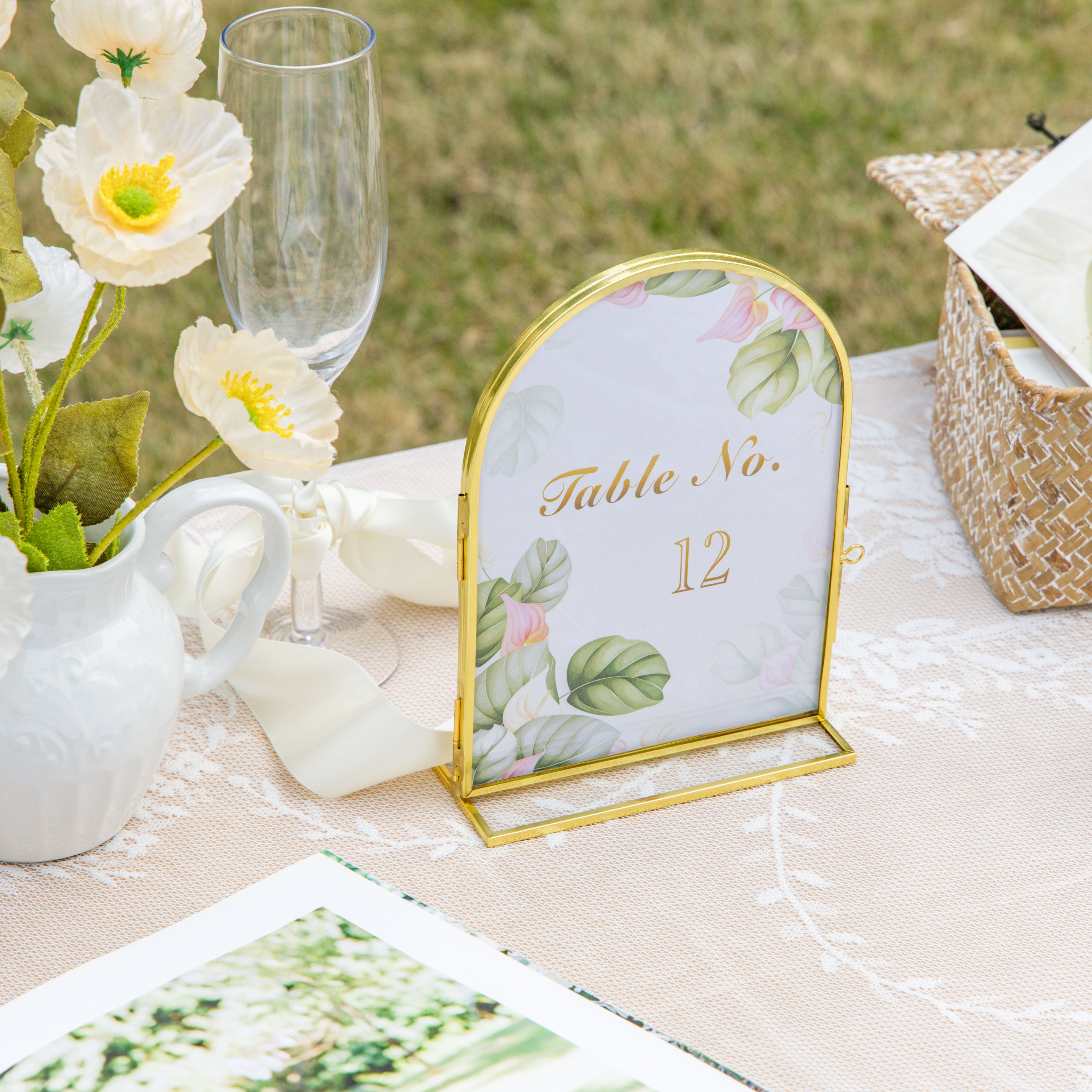5x7'' Arched Brass and Double Glass Frame,  for Pressed Flowers, Table Number Holder - NCYPgarden