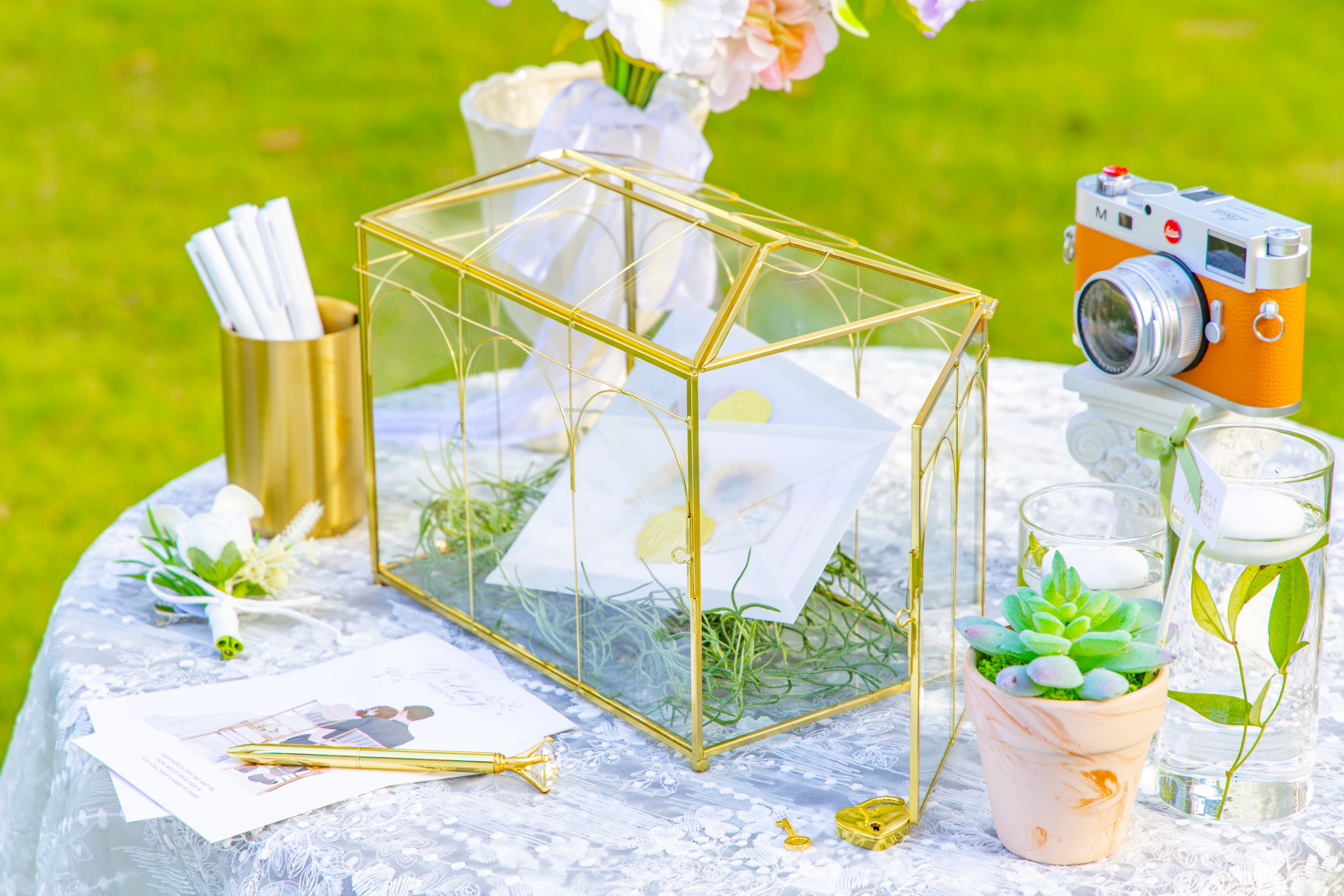 10.2" Handmade victorian Church  Gold Wedding Card Box with Slot and Lock - NCYPgarden