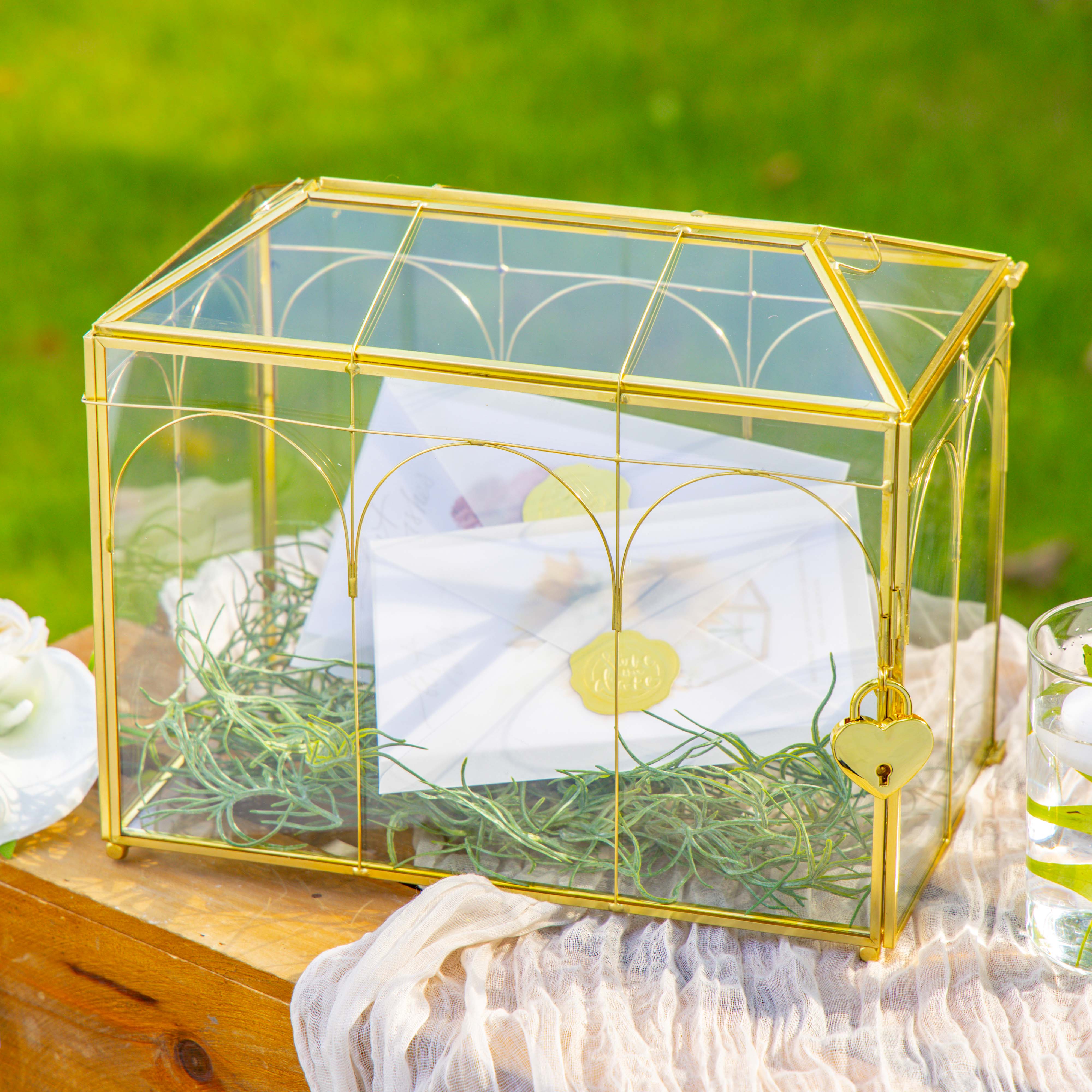 10.2" Handmade victorian Church  Gold Wedding Card Box with Slot and Lock - NCYPgarden