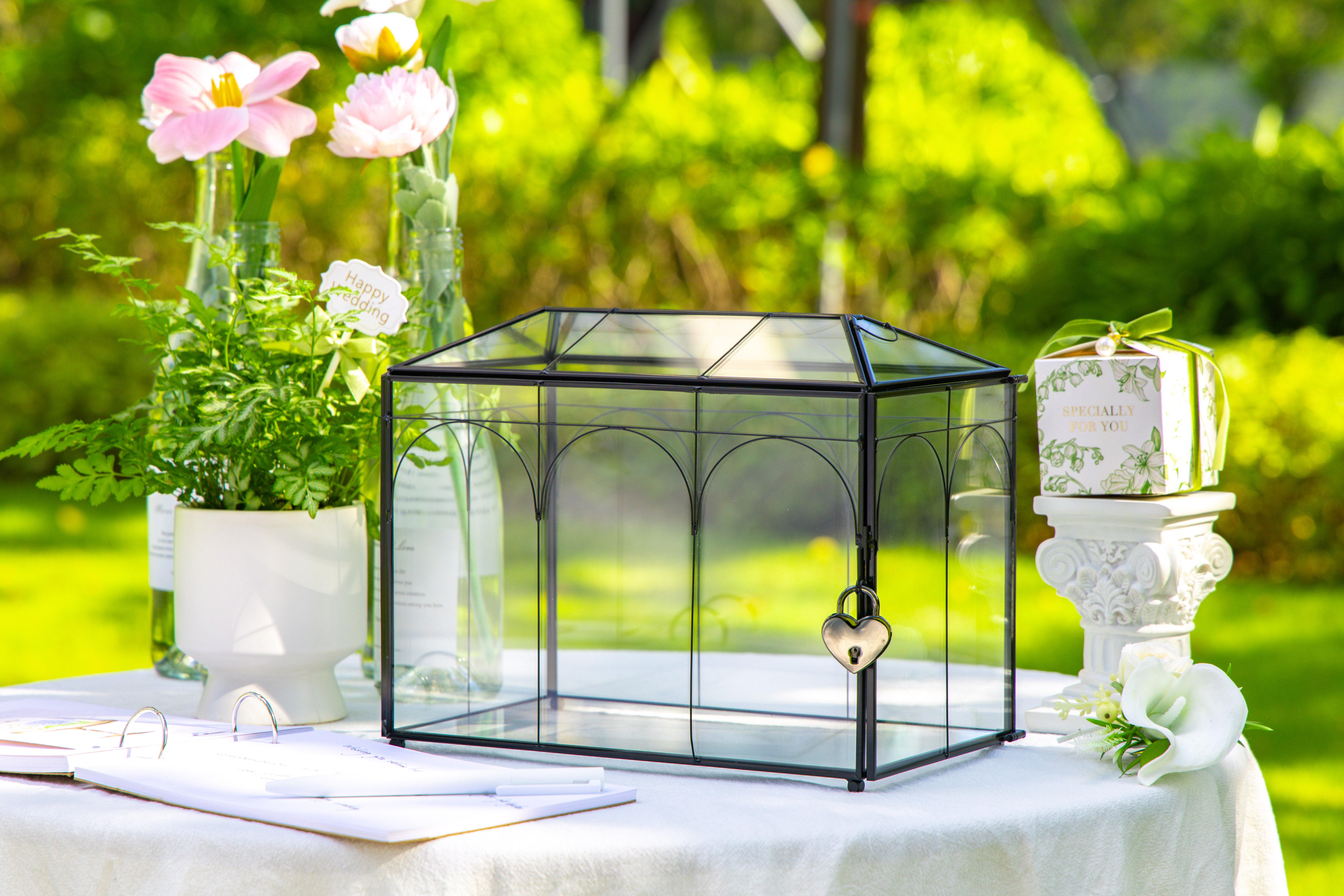 10.2" Handmade Black Wedding Card Box with Slot and Lock, Size Small, for Reception - NCYPgarden