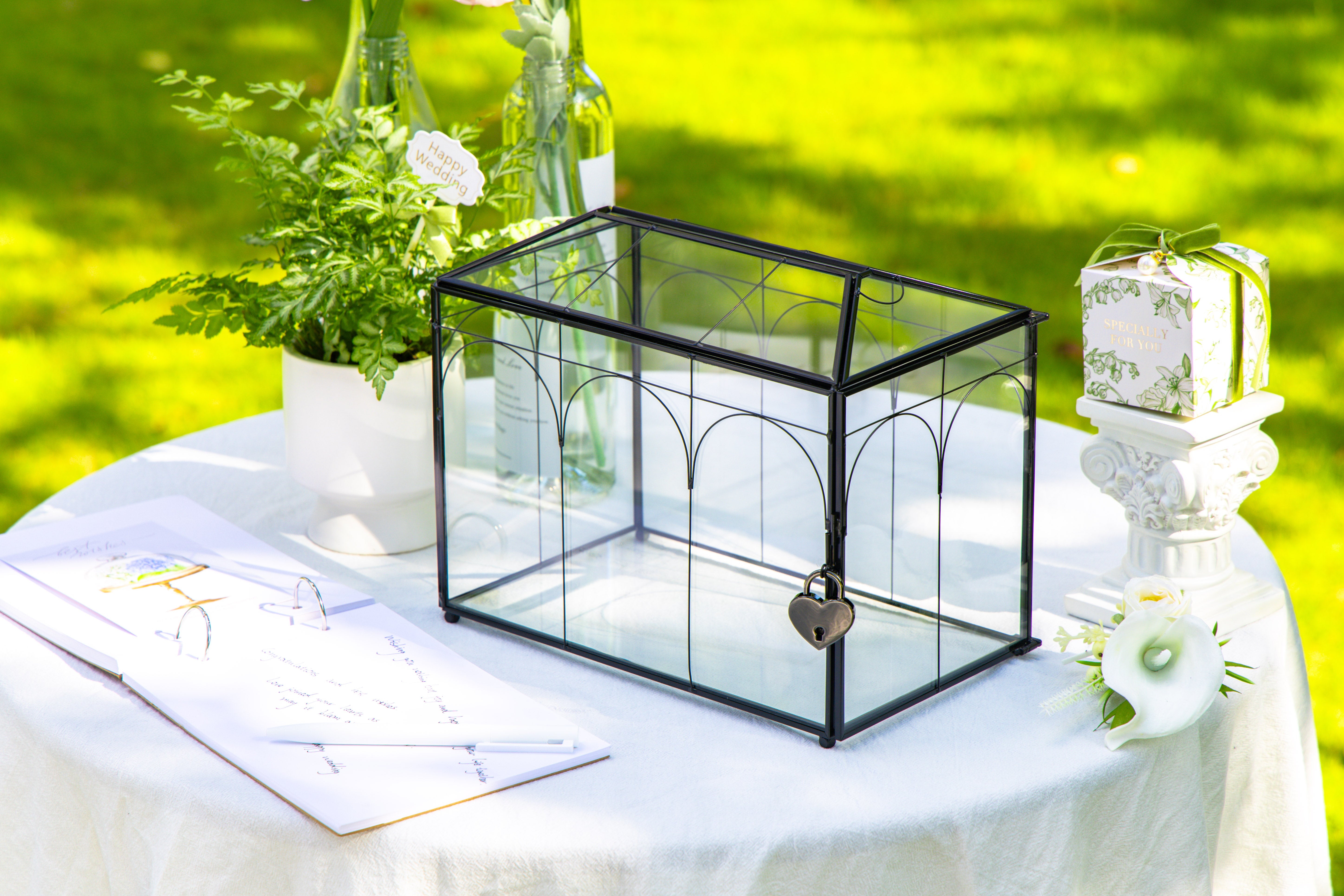 10.2" Handmade Black Wedding Card Box with Slot and Lock, Size Small, for Reception - NCYPgarden