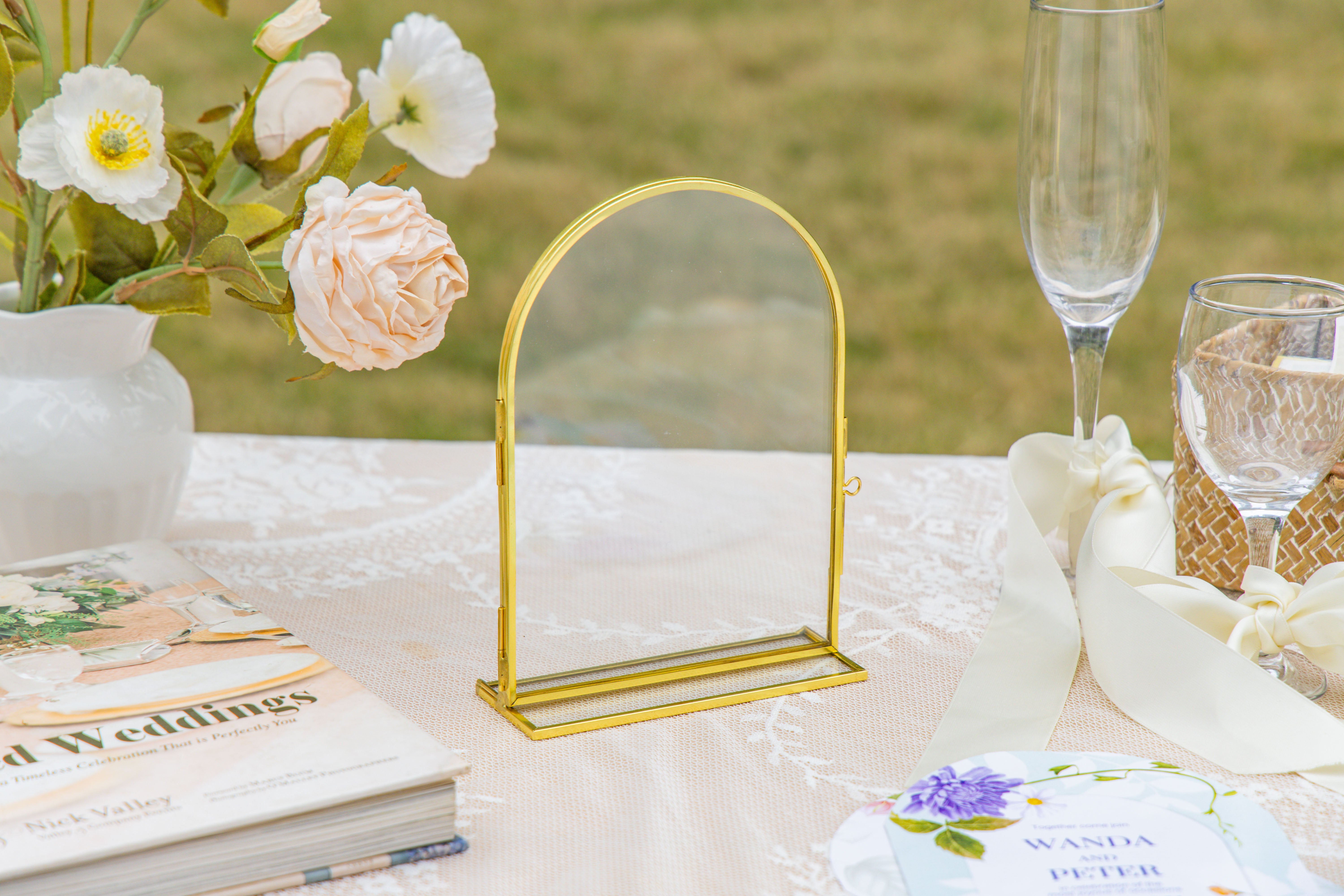 5x7'' Arched Brass and Double Glass Frame,  for Pressed Flowers, Table Number Holder - NCYPgarden
