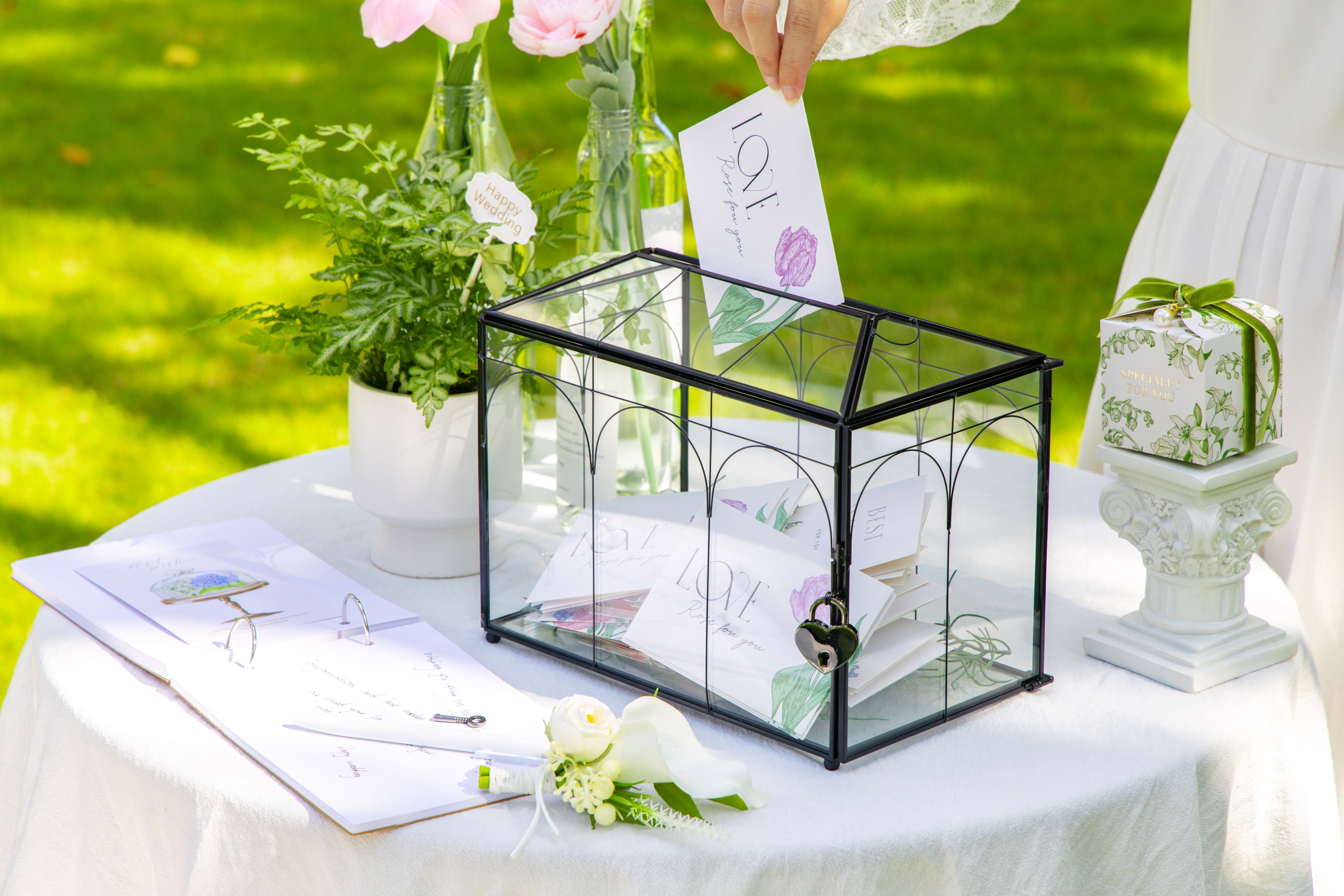 10.2" Handmade Black Wedding Card Box with Slot and Lock, Size Small, for Reception - NCYPgarden