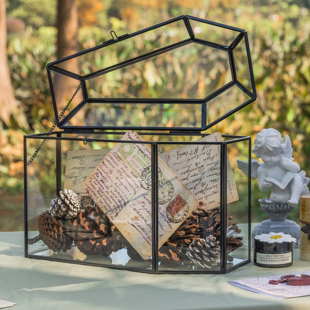 Gothic Coffin Black Geometric Glass Card Box Terrarium with Slot, Heart Lock, Handmade Brass for Wedding Reception Wishwell Keepsake - NCYPgarden