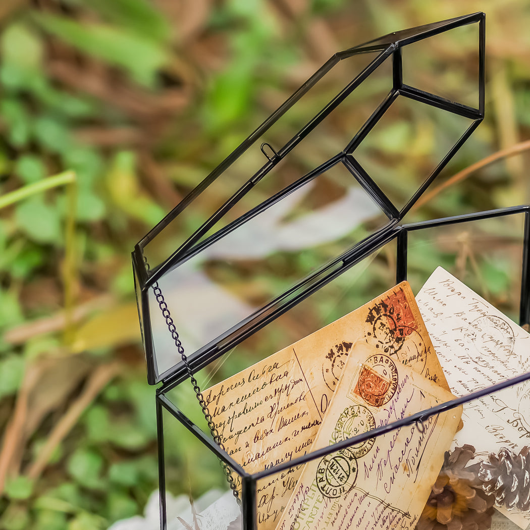 Gothic Coffin Black Geometric Glass Card Box Terrarium with Slot, Heart Lock, Handmade Brass for Wedding Reception Wishwell Keepsake - NCYPgarden