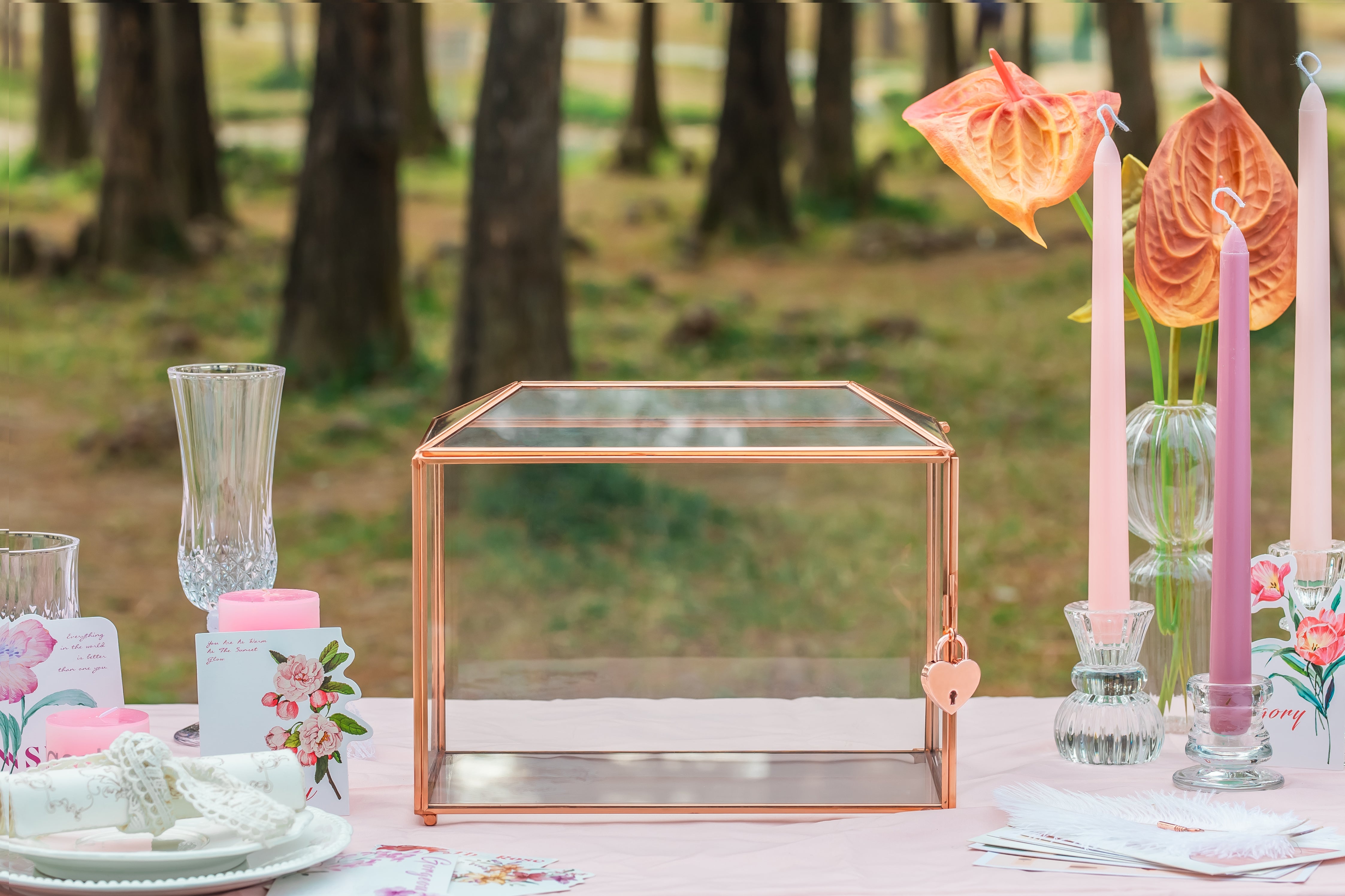 US Rose Gold Pink Pure Copper Standard Large Geometric Glass Card Box Terrarium with Slot, Lock, Handmade for Wedding Reception Wishwell - NCYPgarden